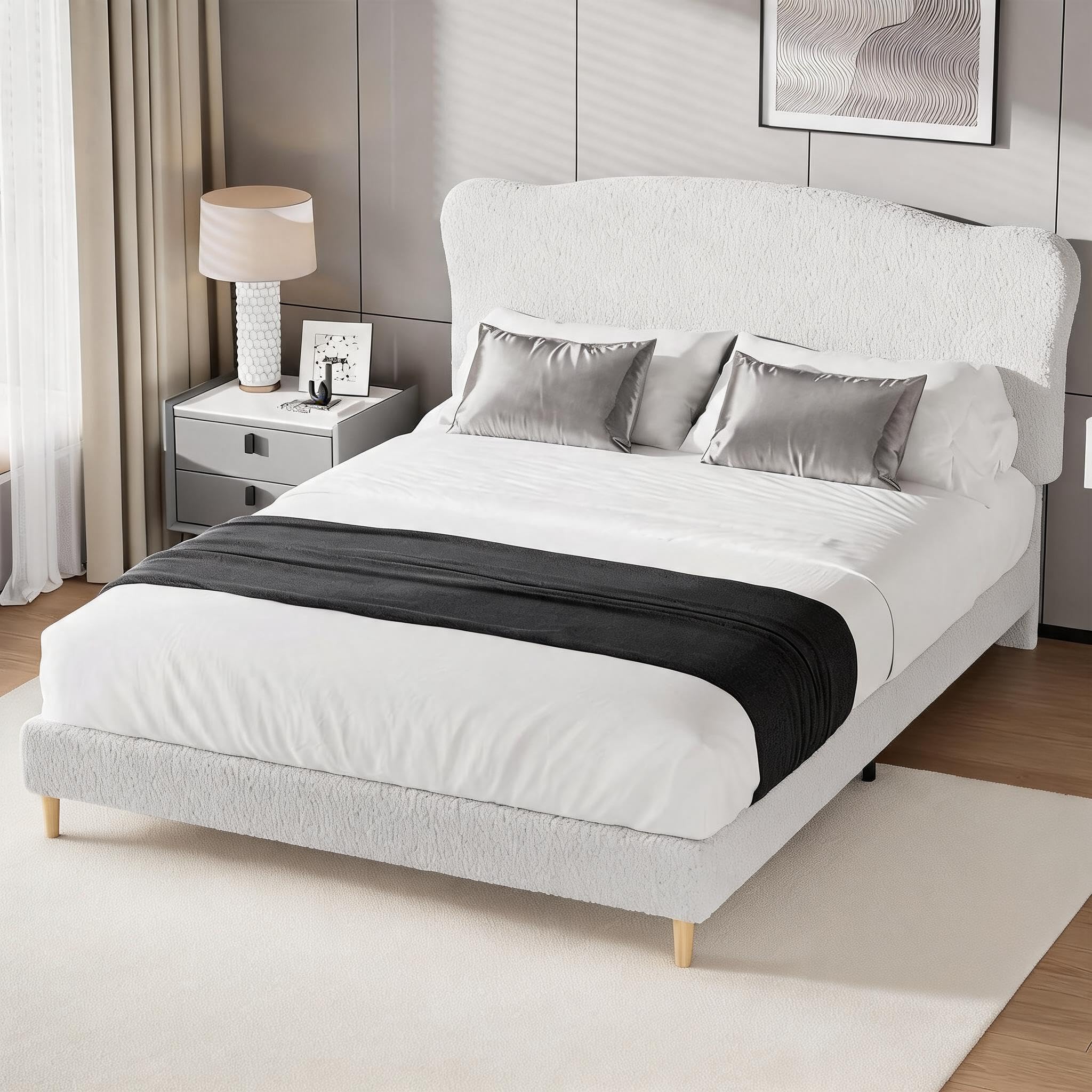 Aptliton Double Bed Frame, Berber Fleece Fabric, Upholstered Twin Size Bed Frame for Kids with Scallop Headboard, 208×153×104cm, 158 kg Capacity, with Metal Structure & Wooden Legs, Beige