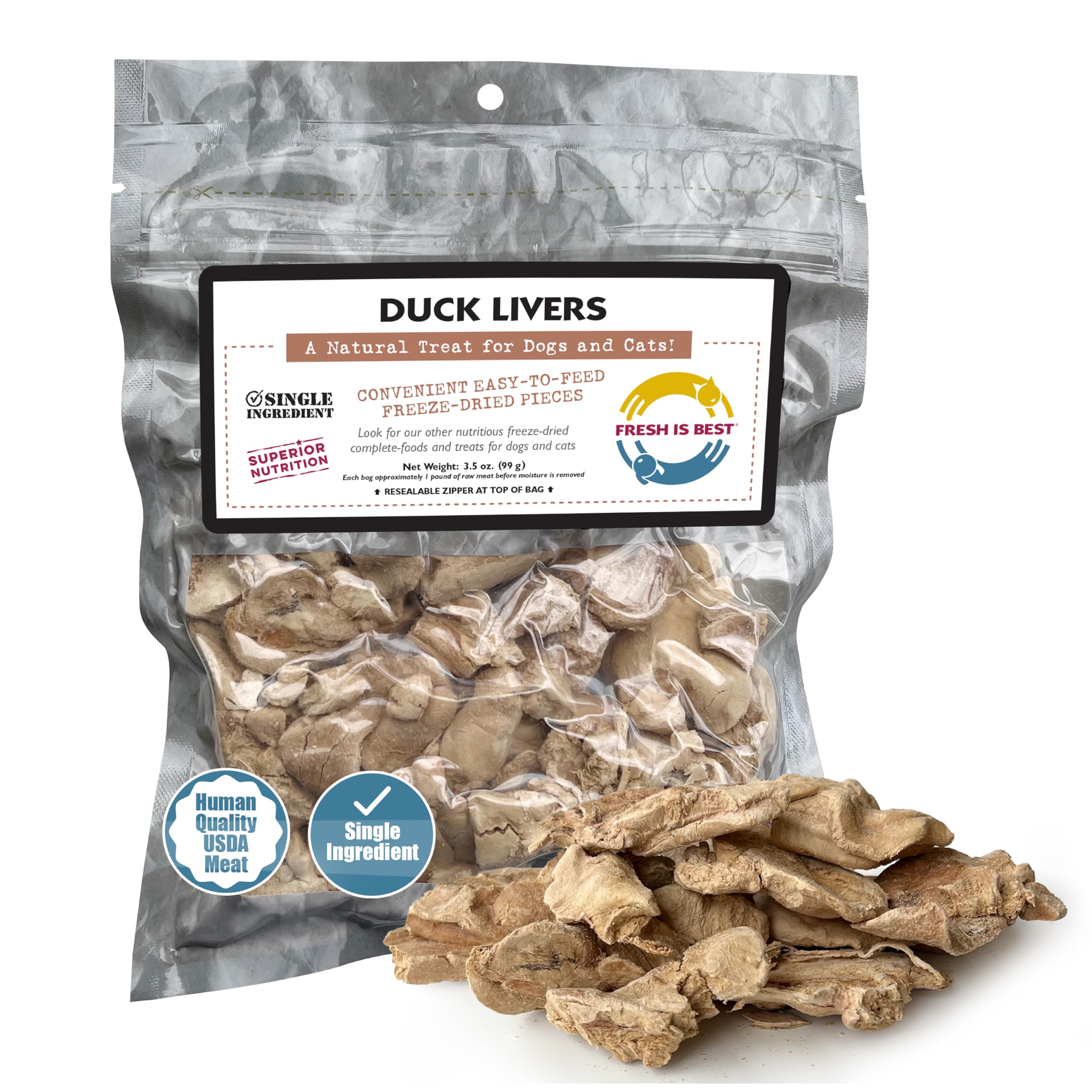 Fresh Is Best Freeze Dried Dog Treats – Raw Freeze Dried Cat Treats in Resealable Zipper Bag – High-Protein Duck Livers for Dogs & Cats – Made in The