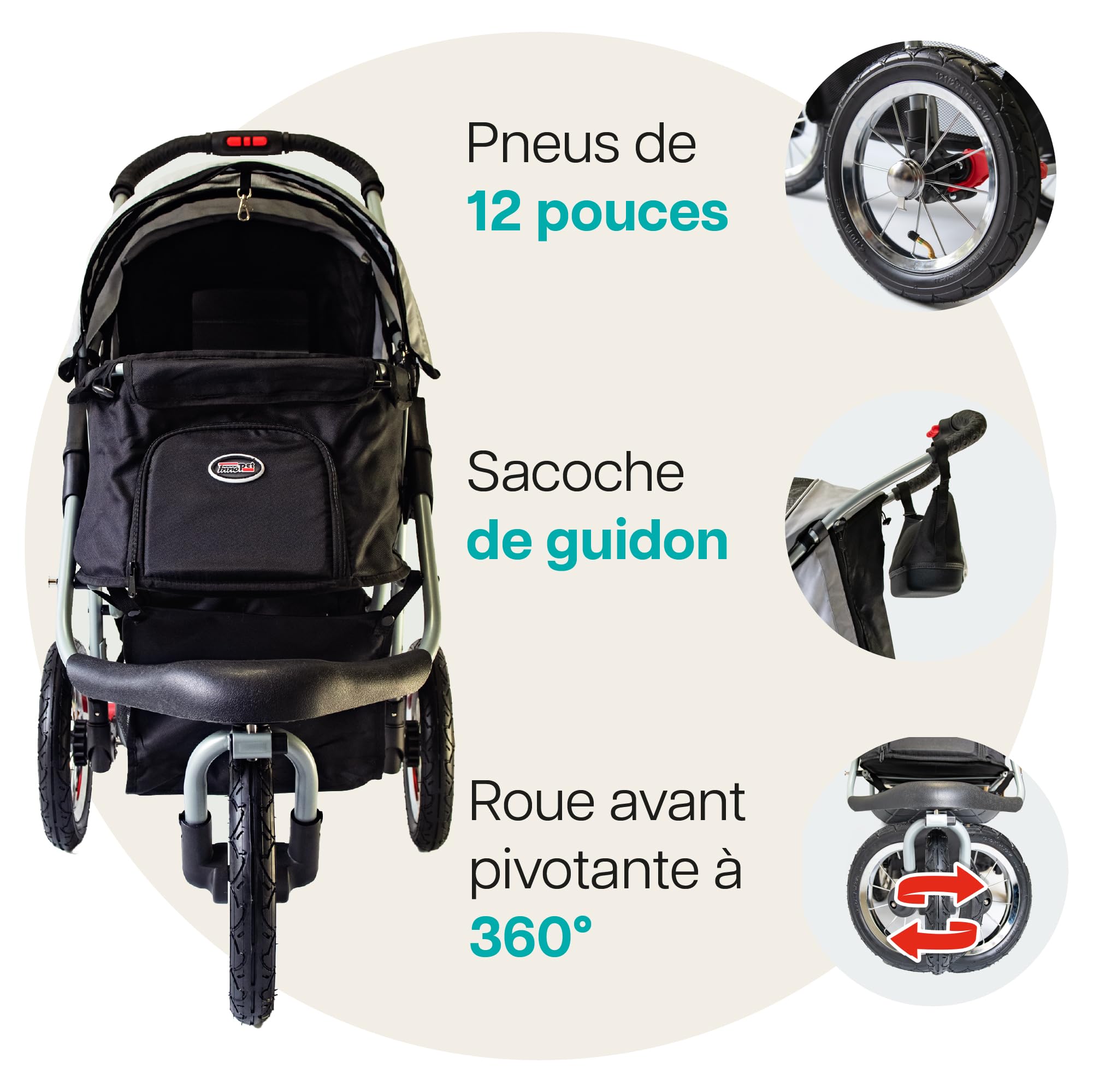 Poussette Innopet Comfort Air Eco pour chiens et chats, noir/argent - Avec pneus pneumatiques de 12 pouces - Pliable d'une seule main - Organiseur de rangement - Tissu en nylon recyclé