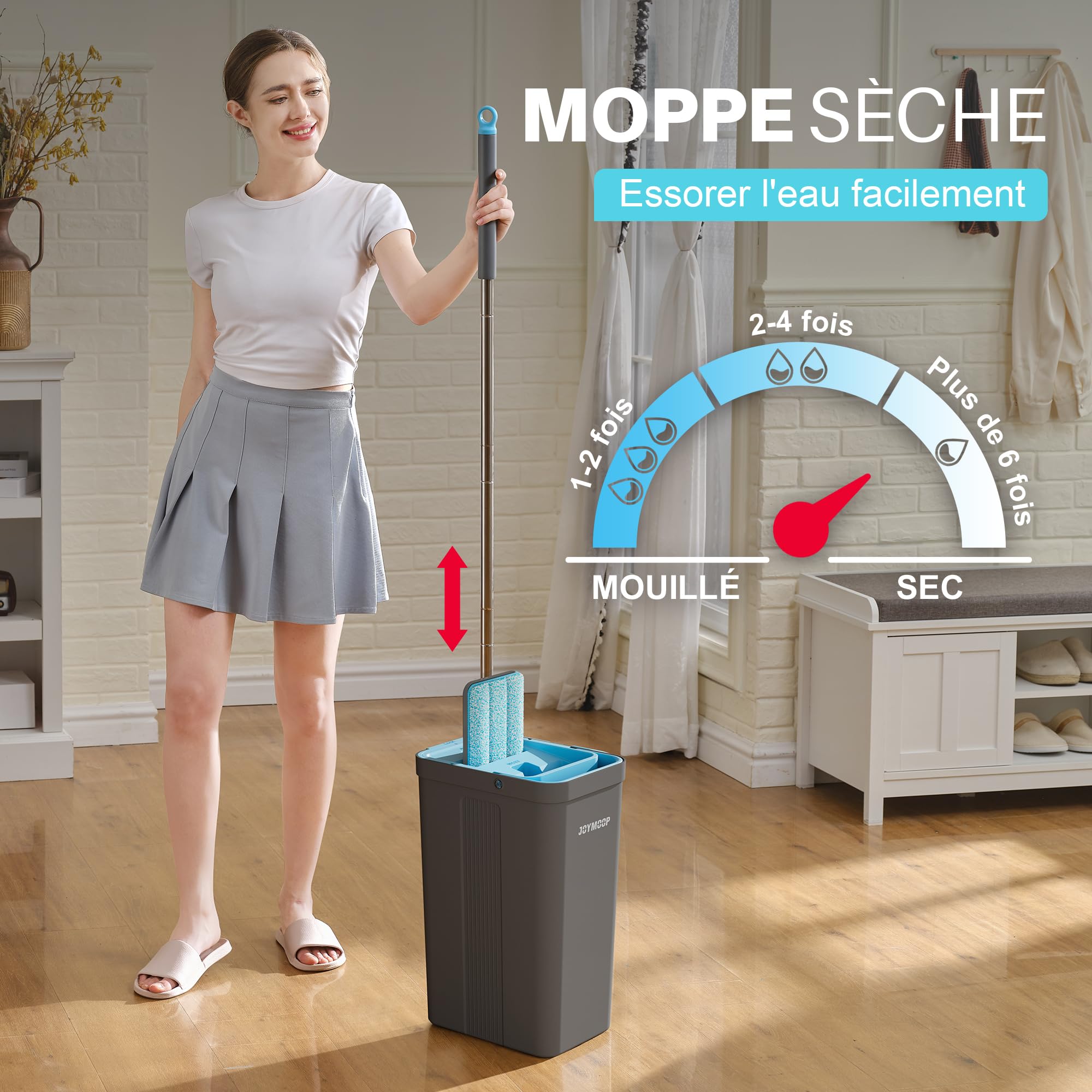 JOYMOOP Ensemble serpillère et Seau avec essoreuse, serpillères pour Nettoyage du Sol, Nettoyeur Mural avec Long Manche, avec 6 serpillères réutilisables en Microfibre – Gris + Bleu Cyan