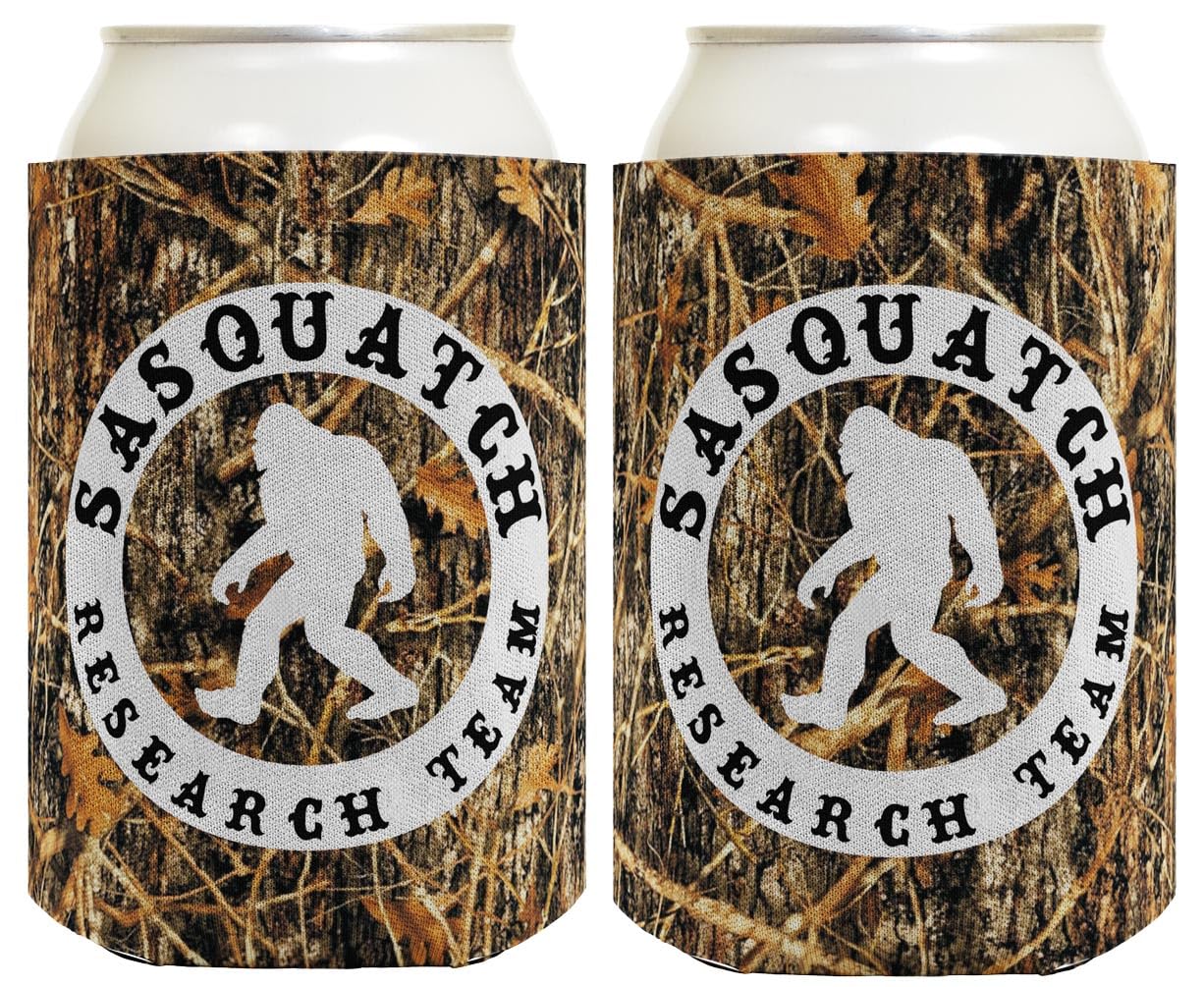 Funny Can Cooler Sasquatch Research Team 2 Pack Can Drink Coolers Coolies Woodland Camo
