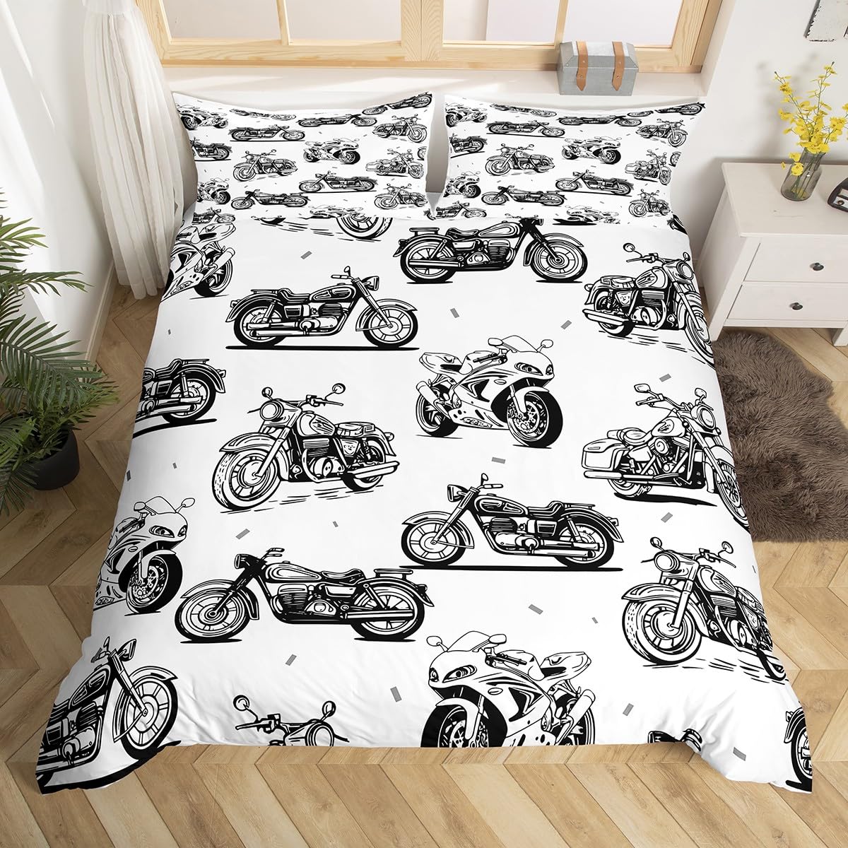 Cool Motorcycle Kids Duvet Cover Set Single Size,Motorbike Extreme Sports Bedding Set for Boys Girls Room Decor,Motorcycle Fashion Quilt Covers,White Black Comforter Cover,1 Pillowcase,No Filler