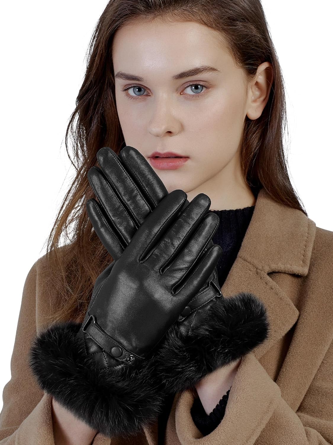 GSG Women Leather Gloves Luxury Rabbit Fur Cuff Winter Touchscreen Warm Driving Gloves - Image 8