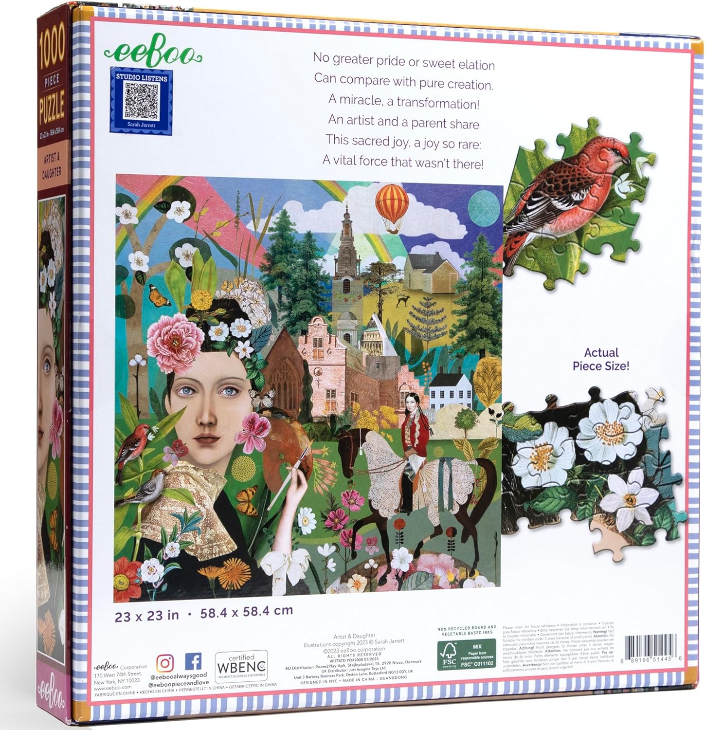 eeBoo Piece & Love: Artist & Daughter - 1000 Piece Puzzle - Adult Square Jigsaw, 23x23, Includes Image Reference Insert, Glossy Pieces