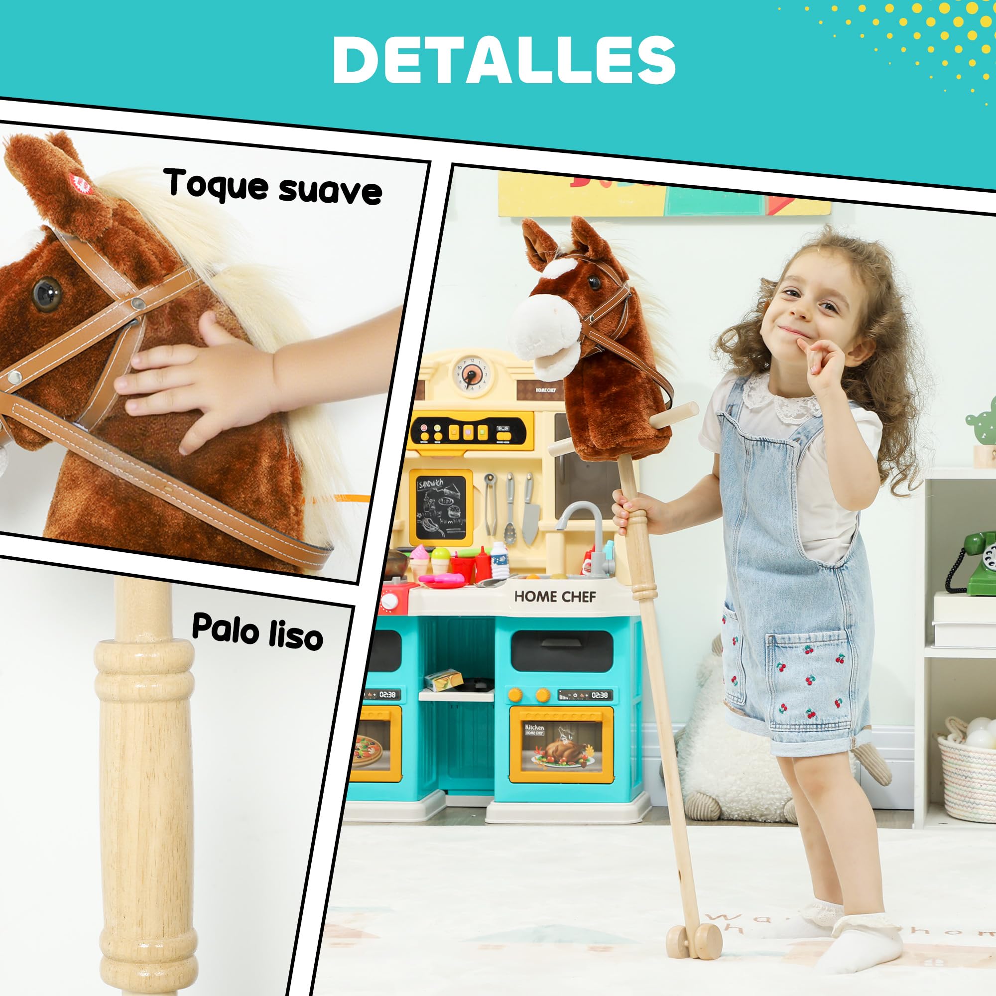 AIYAPLAY Cabeza de Caballo con Palo de Madera, Sonidos y Ruedas, Caballo de Juguete, 95 cm de Altura, Marrón