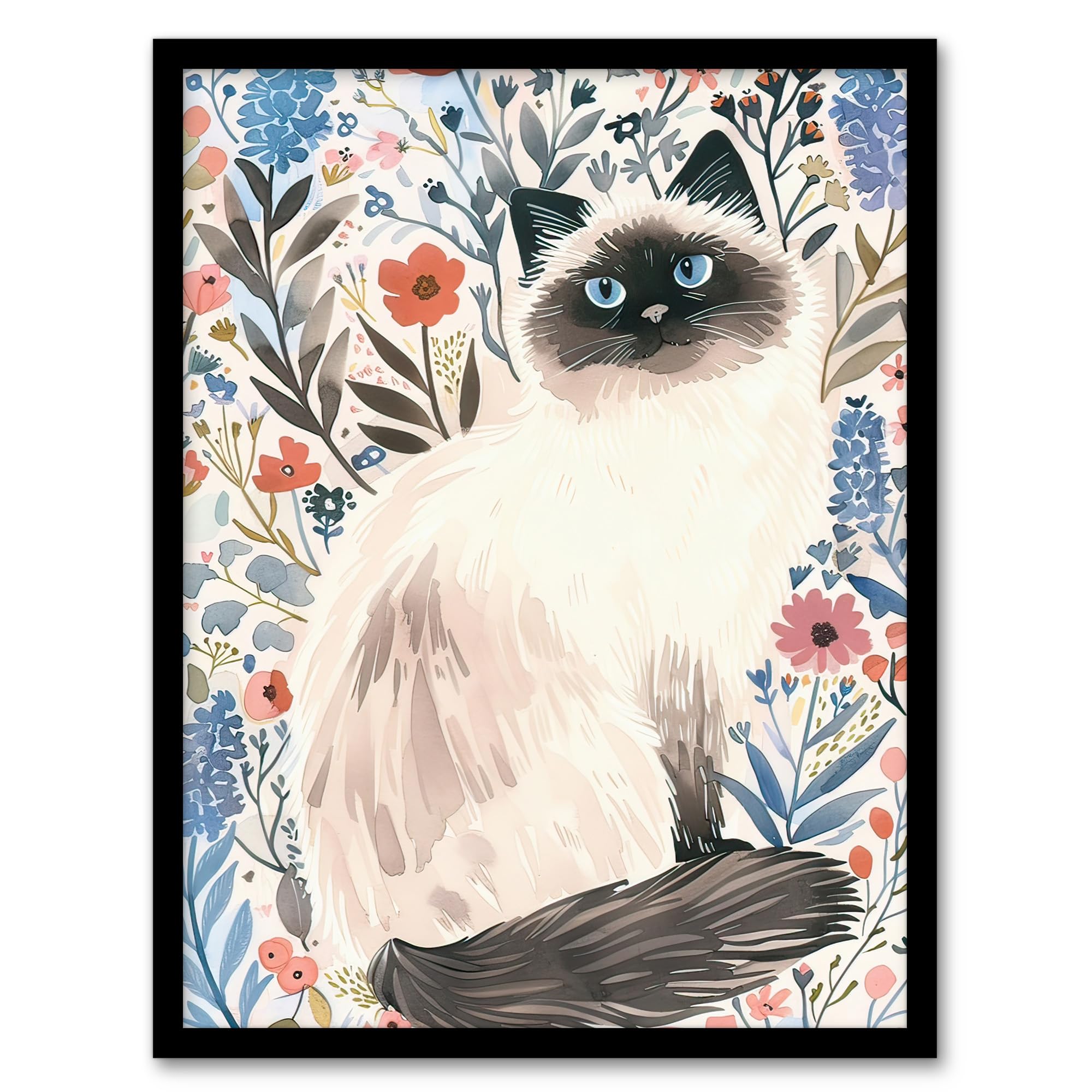 Artery8 Cat Lover Cute Birman in Lavender Flowers Living Room Artwork Framed Wall Art Print 18X24 Inch