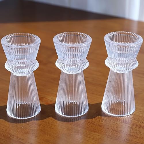 Miniatura 9 de VOHO Juego de 3 portavelas de cristal transparente y acanalado, estilo minimalista, para candelabros y velas, portavelas elegantes para despedidas