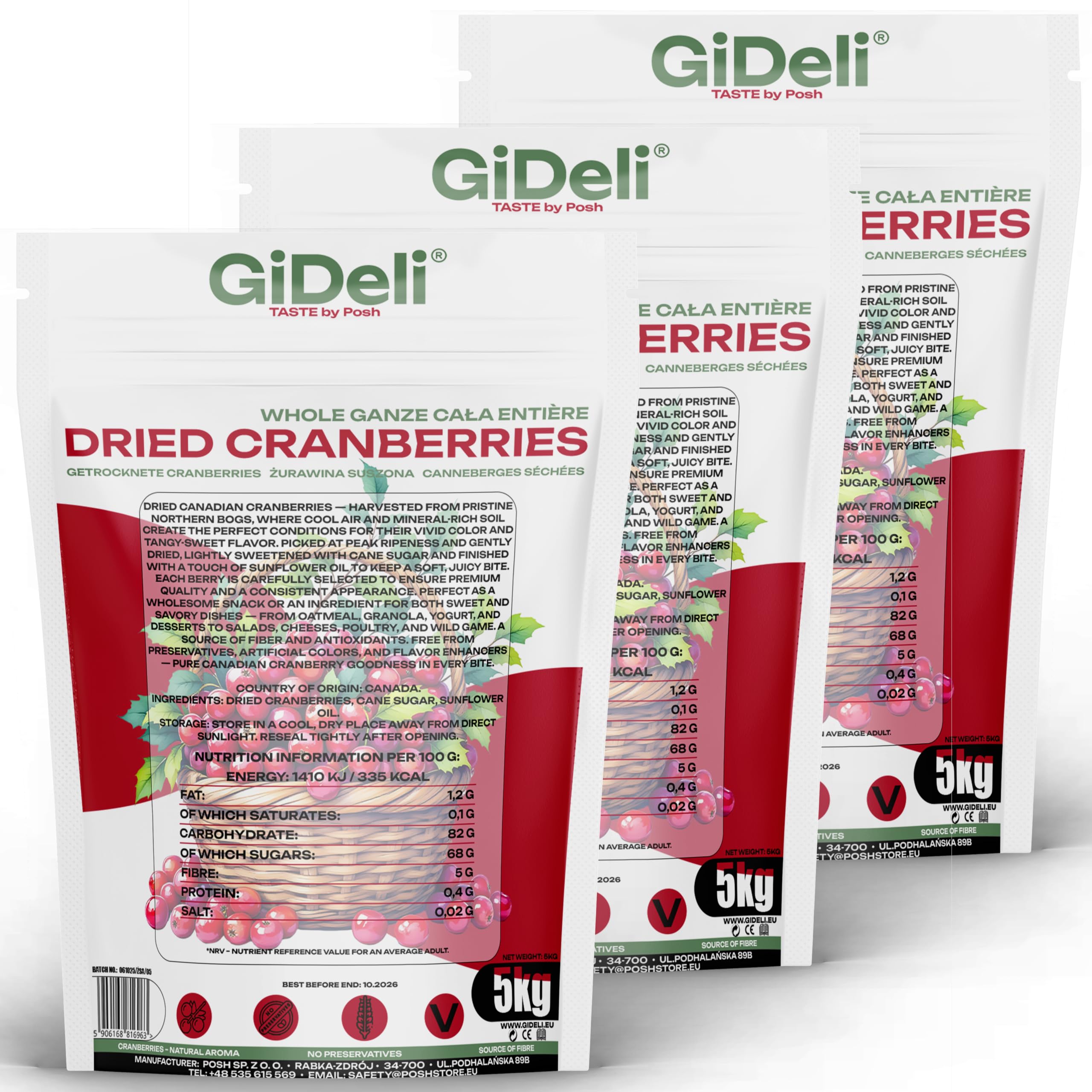 GiDeli Cranberries getrocknet 3 x 5 kg – aromatische Trockenfrüchte, Cranberries ideal als Snack, im Müsli, Joghurt oder zum Backen, natürlich fruchtiger Geschmack