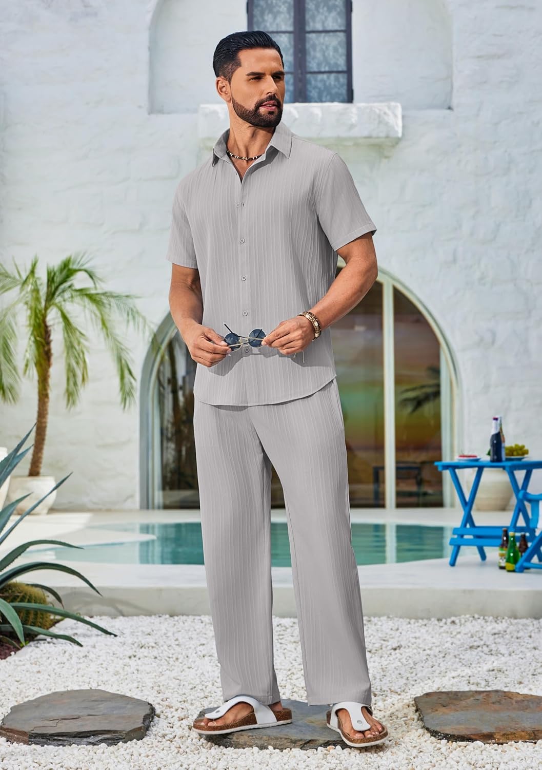 COOFANDY Mens 2 Piece Outfits Casual Summer Beach Textured Button Down Shirt Loose Pants Set - Image 4