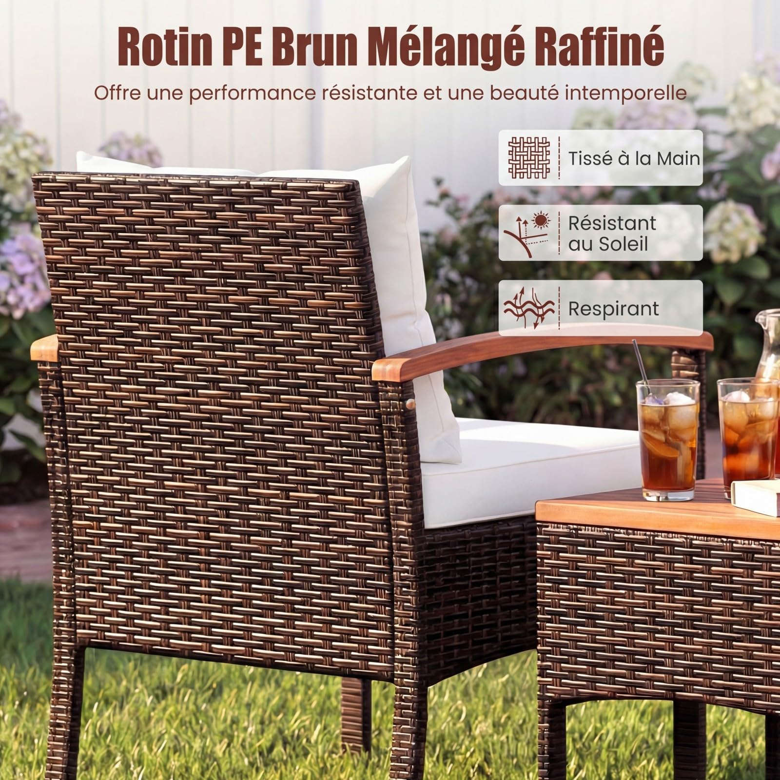 COSTWAY Salon de Jardin Exterieur 3 Pièces en Rotin PE, Ensemble de Meubles 2 Fauteuils Table Basse Plateau en Bois d'Acacia avec Coussin Amovible, pour Jardin Balcon Piscine (Beige)