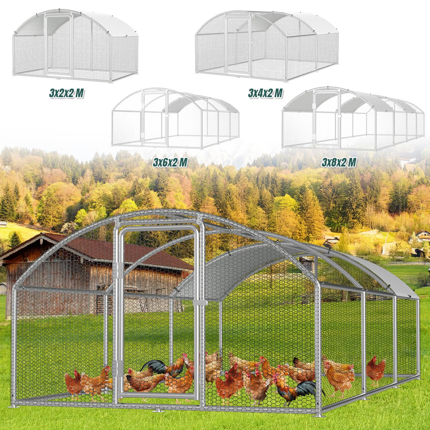 Freilaufgehege Hühnerstall, 3x6x2m Hühnerhaus Kleintierstall mit Sicherheitsschloss und Wasserdichtes Abdeckung, Kuppeldach Freigehege für Hühner,Vogelkäfig, Pflanzen
