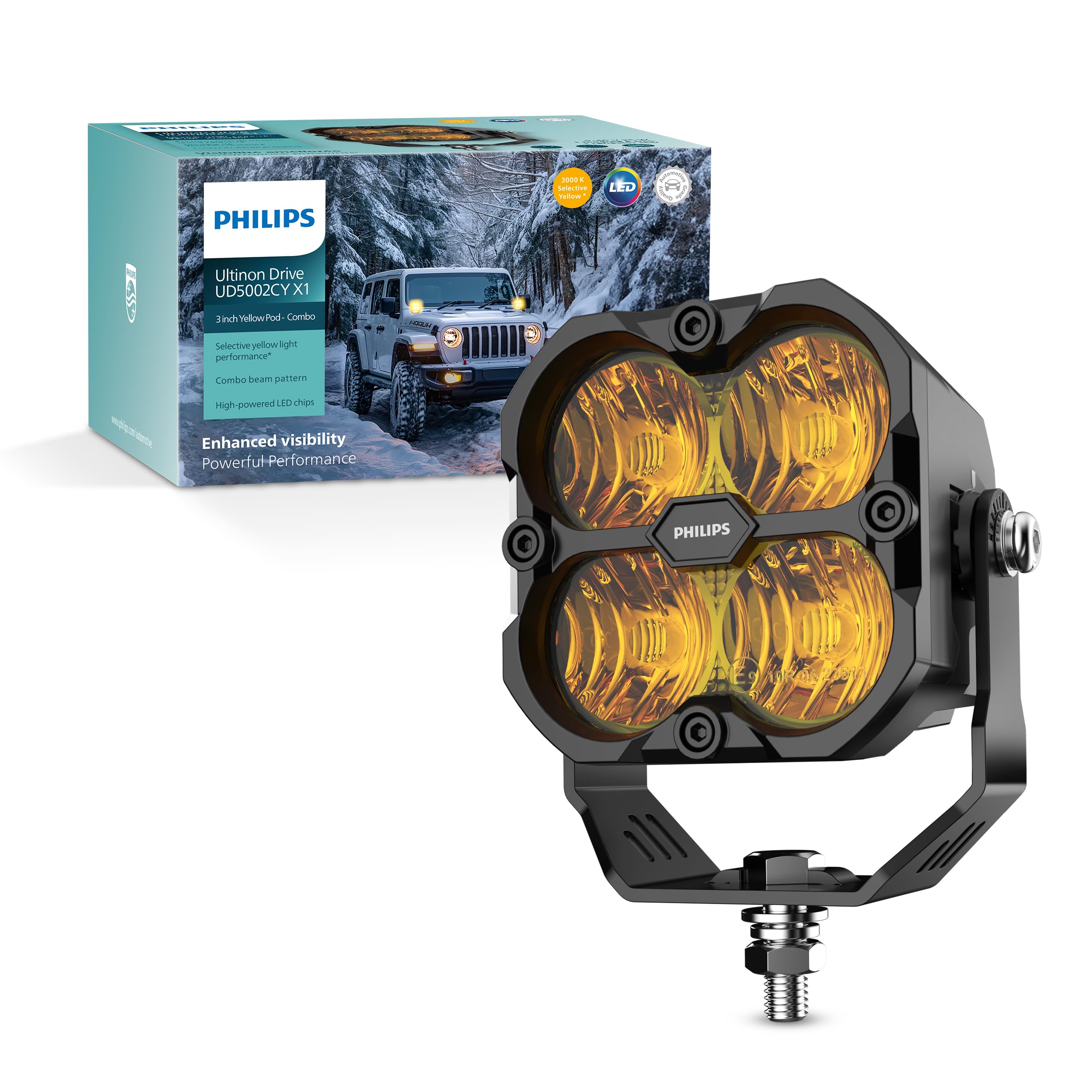Philips Ultinon Drive 5002CY 3” Yellow LED Cube Pod Light – Driving Beam 1700 Lumens, 3000K Selective Yellow for Fog Rain Snow, IP69K Waterproof, IK07 Shockproof, Off-Road Auxiliary Lamp