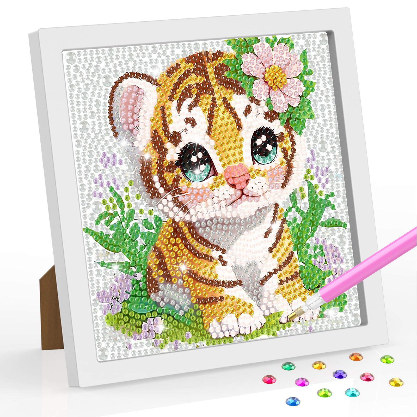 SENQAO Tiger Diamond Art Kit for Adults with Frame Art and Crafts for Adults Ages 6-8 -10-12 Easy to DIY Diamond Art for Adults and Adult Beginners Home Wall Decoration 7.1x7.1inch