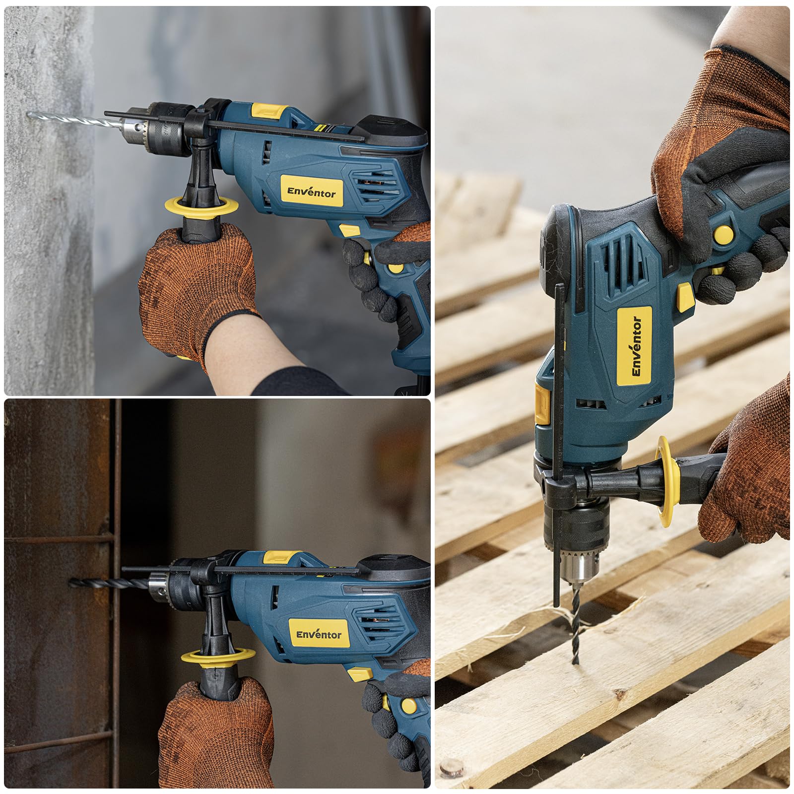 Enventor Perceuse à Percussion Filaire 750W, Perceuse électrique avec 9 Forets, Fonction 2 en 1, variateur de vitesse électronique, poignée pivotante à 360°, pour Béton, Métal et Bois