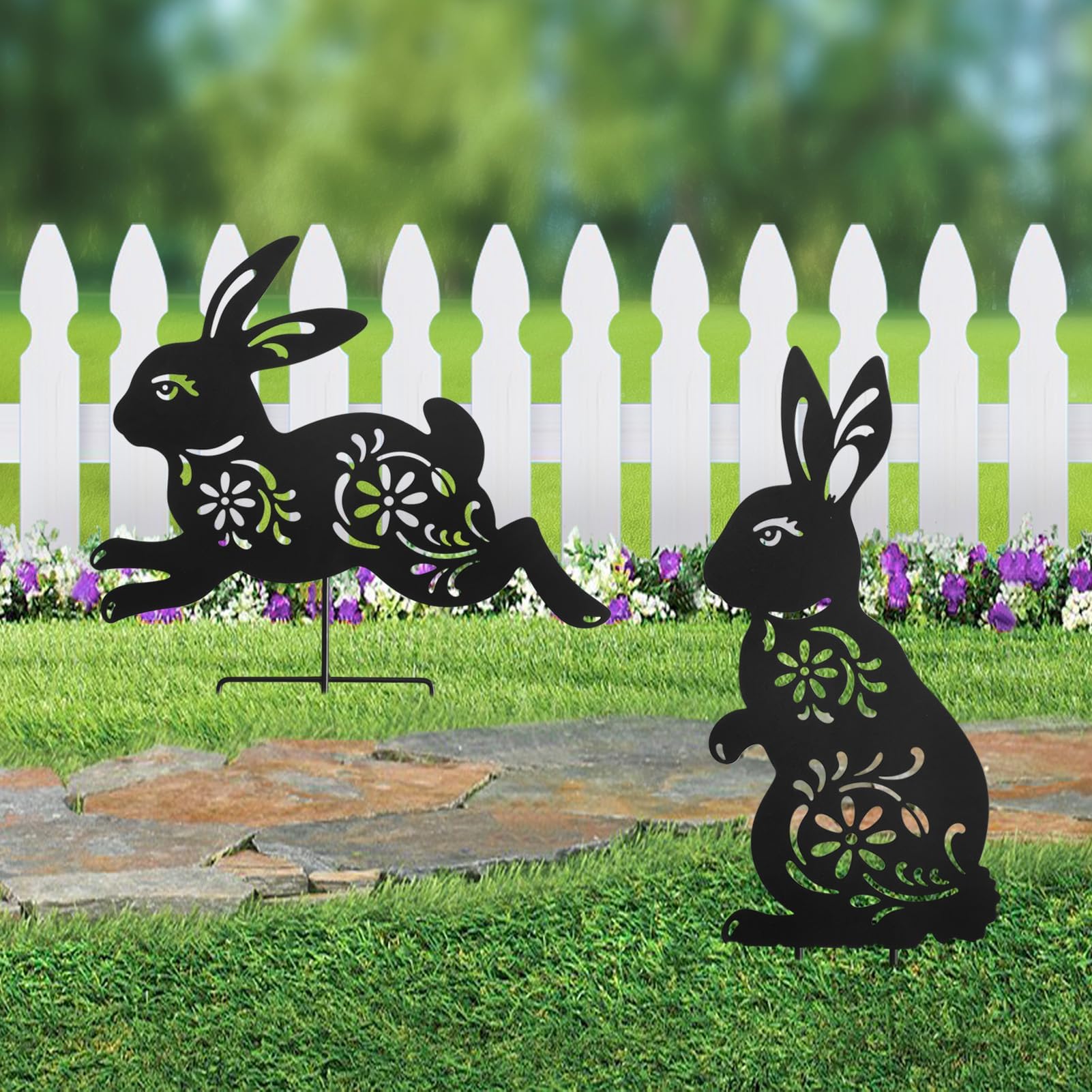 Hokfirm Stake Garden Outdoor Decoration Metal Bunny Stake, Garden Animal Statue Silhouette Pattern, Animal Art Lawn Garden Silhouette, Set of 2