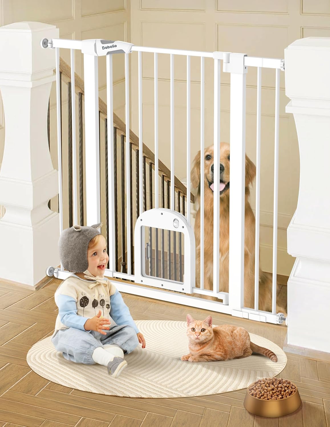 Babelio 36" Tall Upgraded Baby Gate with Cat Door, 29-43" Auto Close Durable Dog Gate for Stairs, Doorways and House, Easy Walk Thru Safety Gate with Pet Door Includes 4 Wall Cups, White White 29-43" Wide, 36" Tall