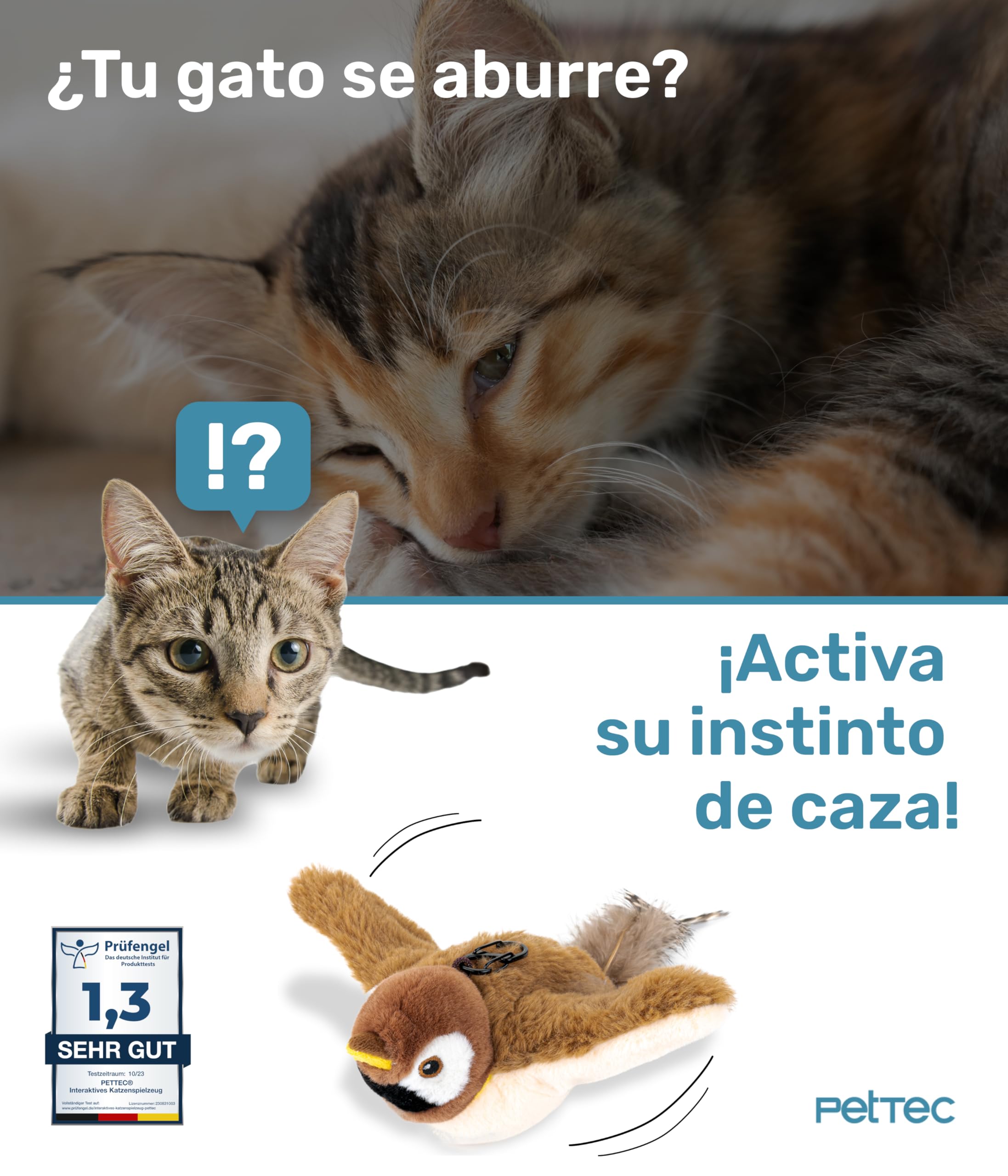 PetTec® Juguete Interactivo Eléctrico para Gatos - Pájaro Móvil con Hierba Gatera - Autoentretenimiento Automático