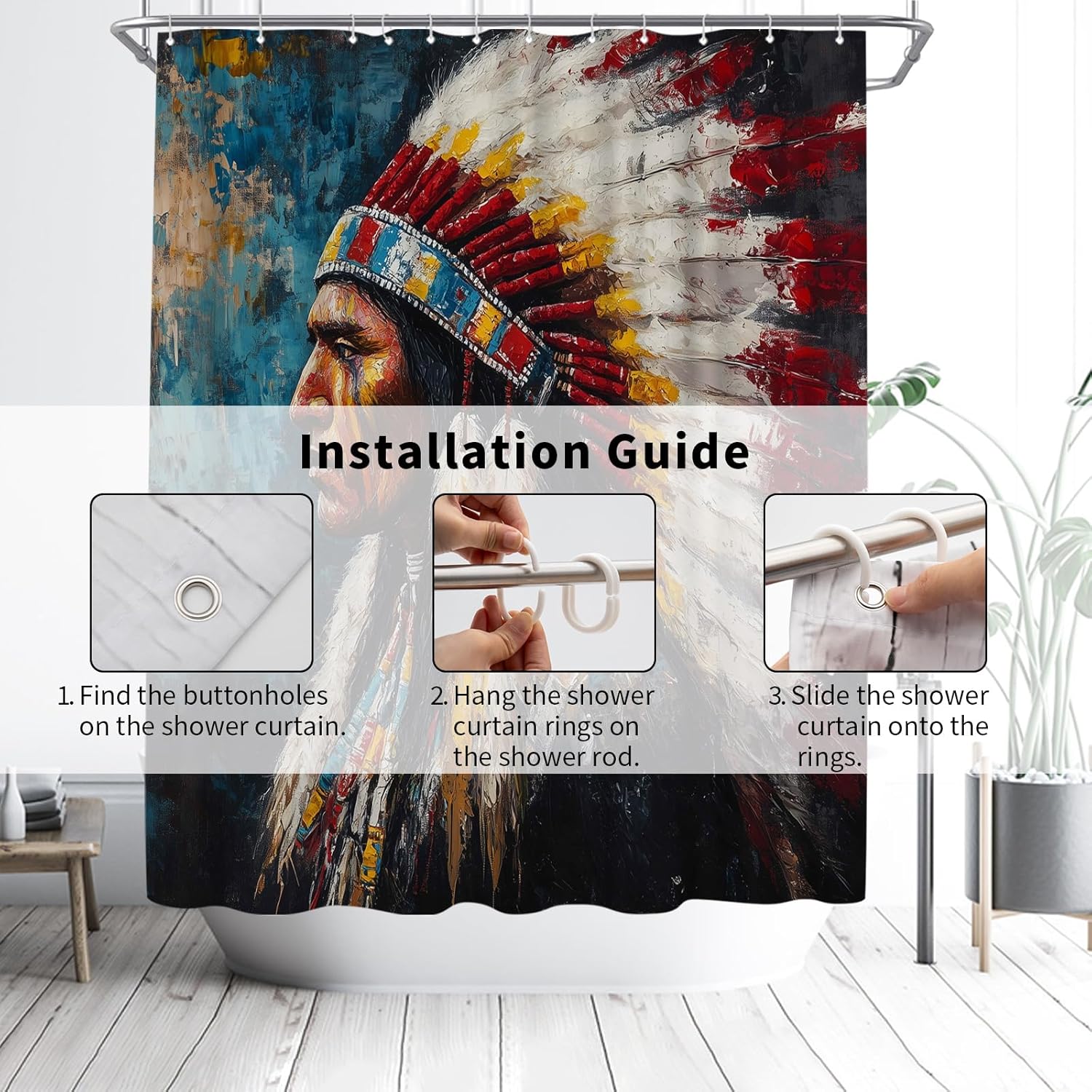 Native American Shower Curtain - Indian Headdress Colorful Feathers Bathroom Curtains - Waterproof Polyester Fabric with Hooks, 72x72 Inch