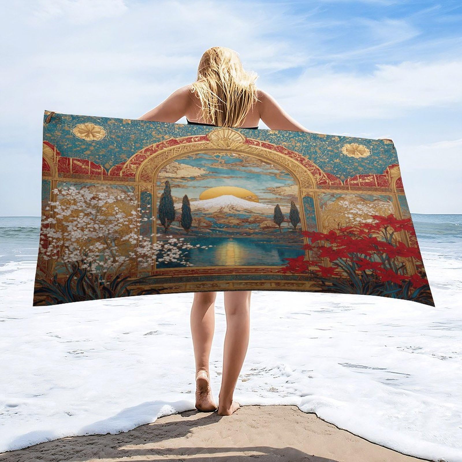 LUYYSKY Beautiful Classic Sunset Landscape Quick-Drying Beach Towel, Rustic Bohemian Mountain Lake Plant Lily Floral Travel Vacation Single Sided Pile Bathroom Towels-80 W cm x 160" L cm