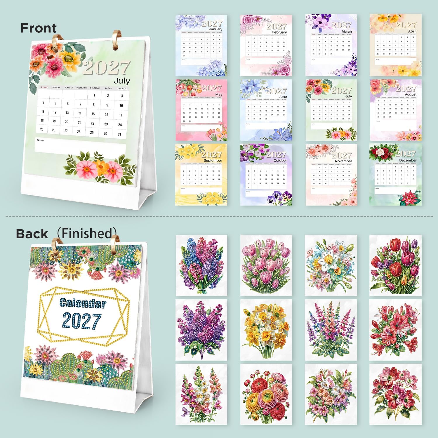 2027 Standing Desk Calendar DIY Diamond Art Painting Monthly Flip Dates Flowers Double-Sided Pattern Tabletop Calendars Diamond Art Craft Supplies Planner Office Home-2027 Flowers