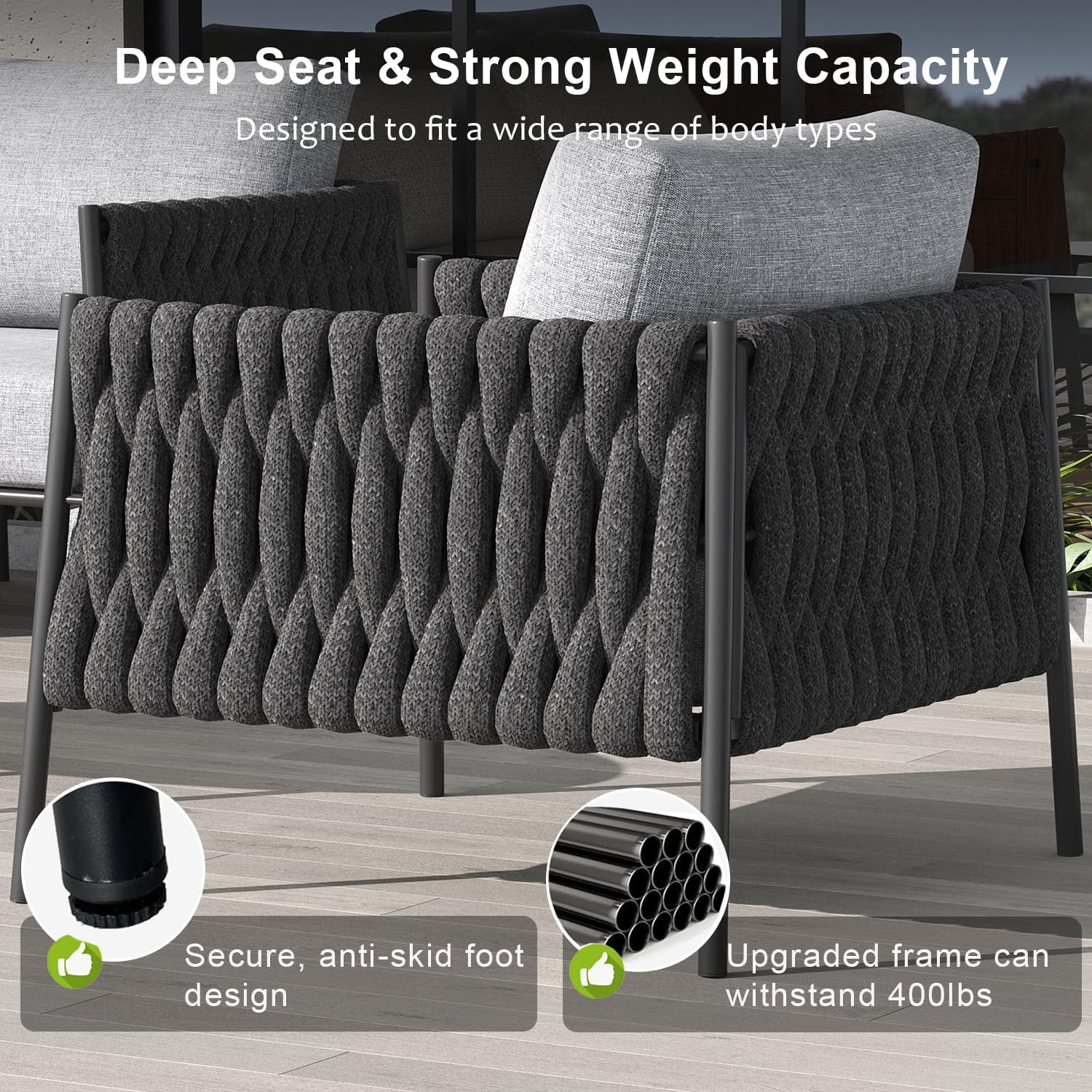 LayinSun Outdoor Patio Woven Rope Sofa, 3-Person Deep Seating Modern Couch 3-Seat for Outside