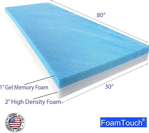 Miniatura 2 de FoamTouch Colchón litera de 3 pulgadas de alto x 30 pulgadas de ancho x 80 pulgadas de largo, con espuma viscoelástica de gel, sin funda