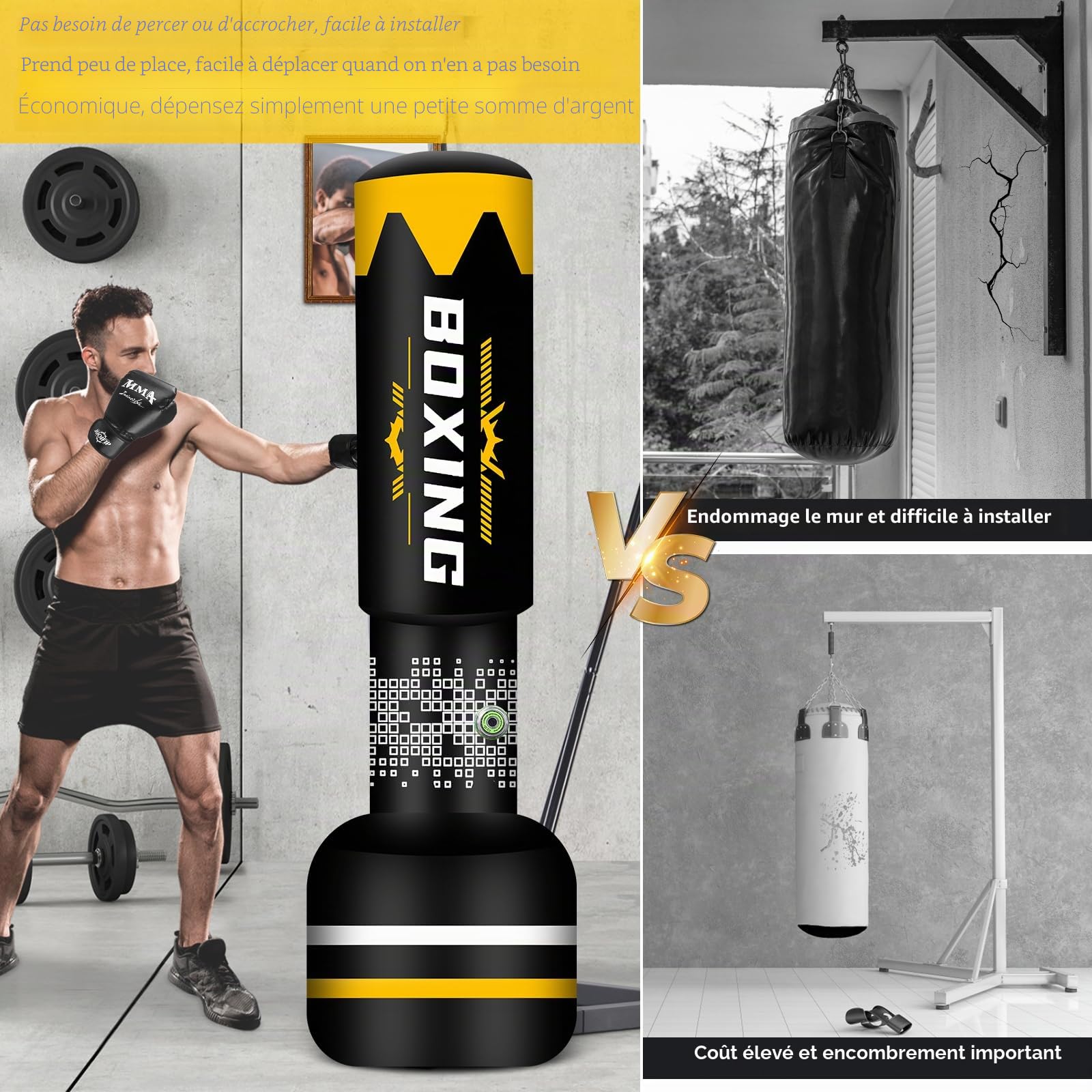 NZQXJXZ Sac de Frappe Adulte 175cm, Sac de Boxe Lourd autoportant, Sacs de Kickboxing avec Support pour l'entraînement MMA Muay Thai Fitness Débutants