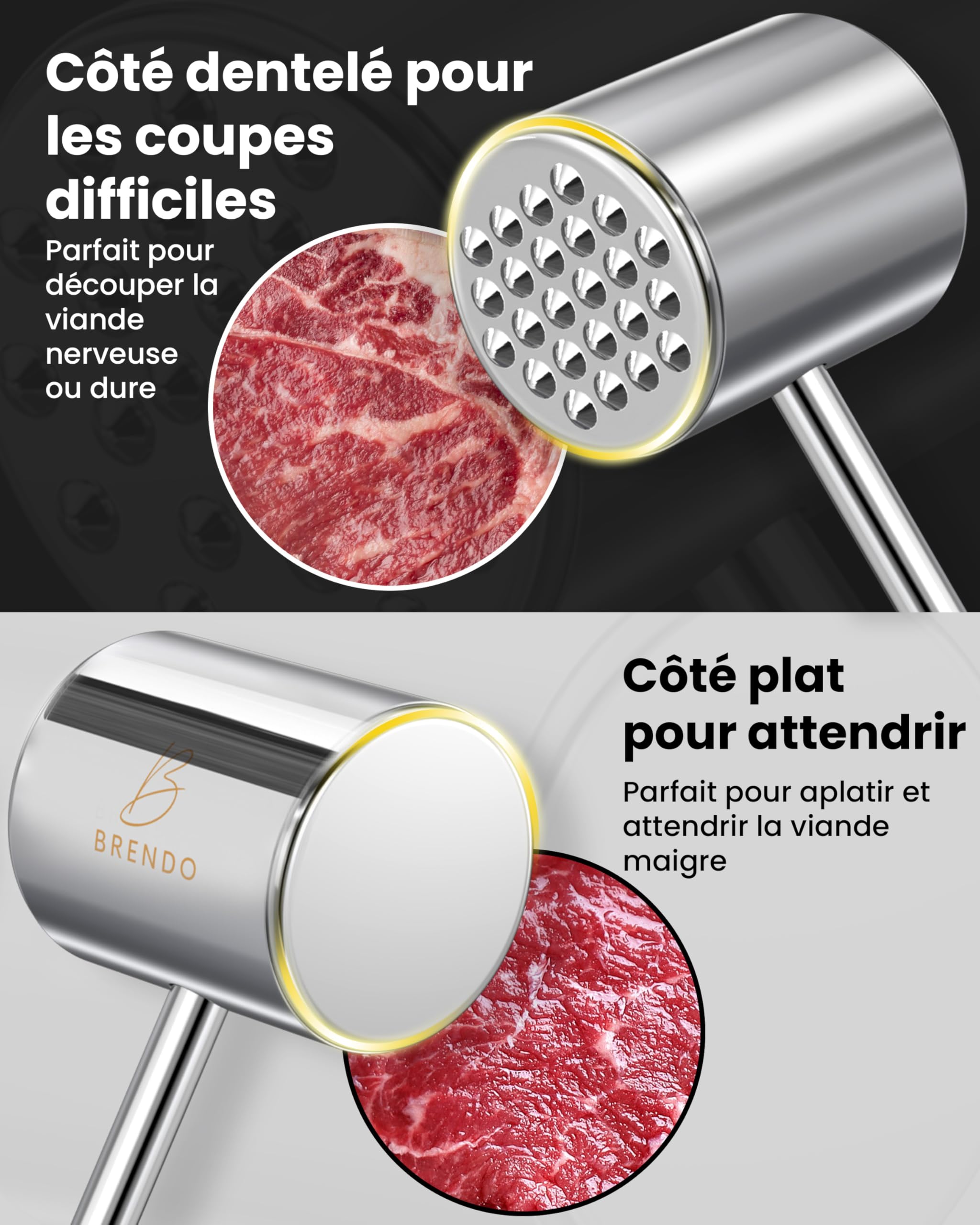 Image secondaire de Brendo Marteau Attendrisseur de Viande en Acier Inoxydable avec Livre de Recettes