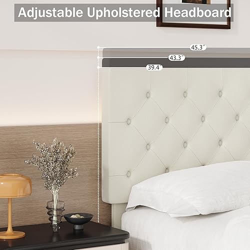 Miniatura 26 de BarnFurin Base de cama de tamaño matrimonial con cabecero, cama de plataforma tapizada con cabecera capitonada con botones ajustables, marco de cama