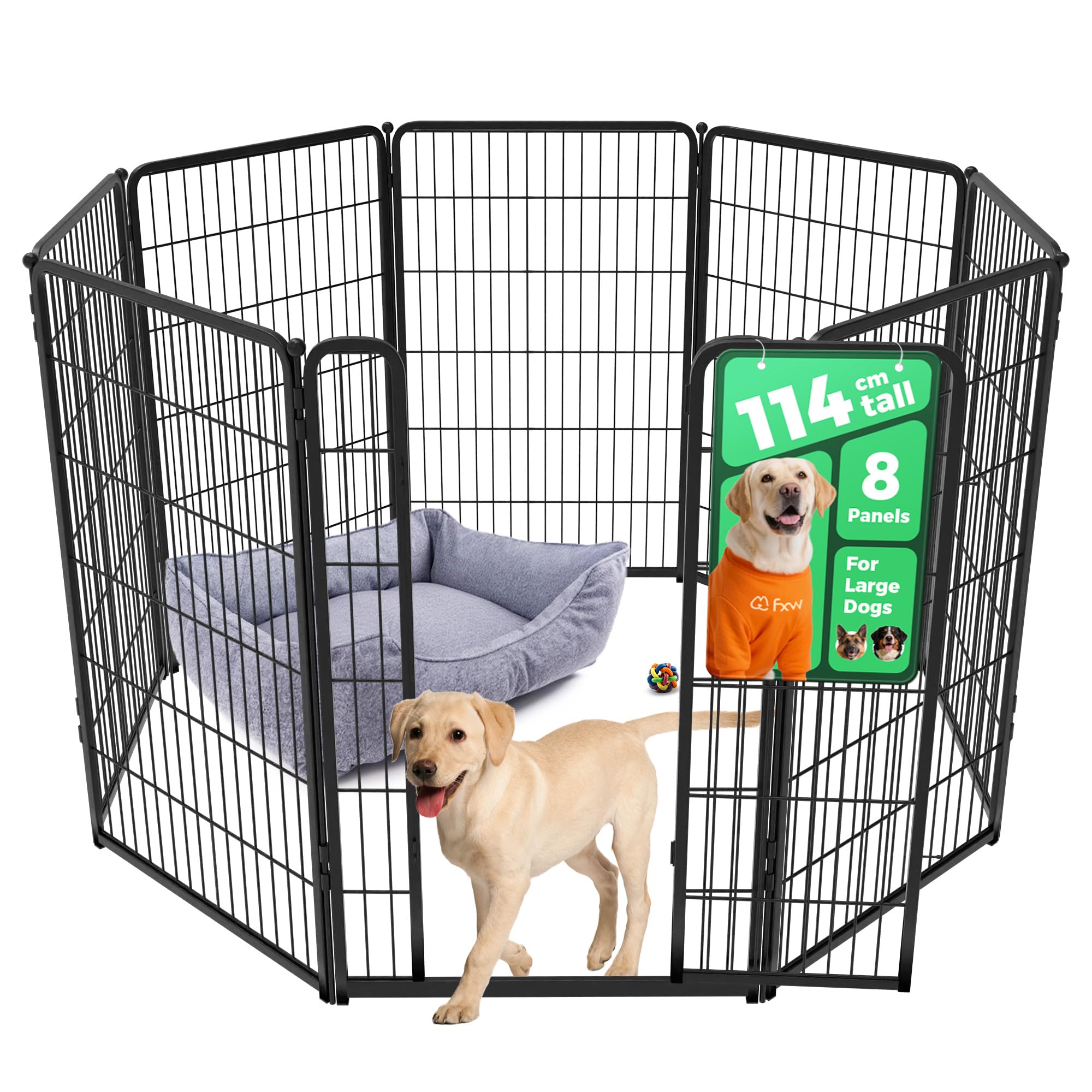 fxw Homeplus Unleashed Indoor Dog Playpen - Stress-Free and Safe Play, Heavy Duty 114cm Height 8 Panels Dog Pen for Large Dogs, Black│Patent Pending