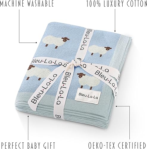 Miniatura 3 de Manta de punto para bebé para niños, 100% algodón, suave, acogedora, ligera, para recién nacidos, bebés y niños pequeños (oveja, azul bebé)