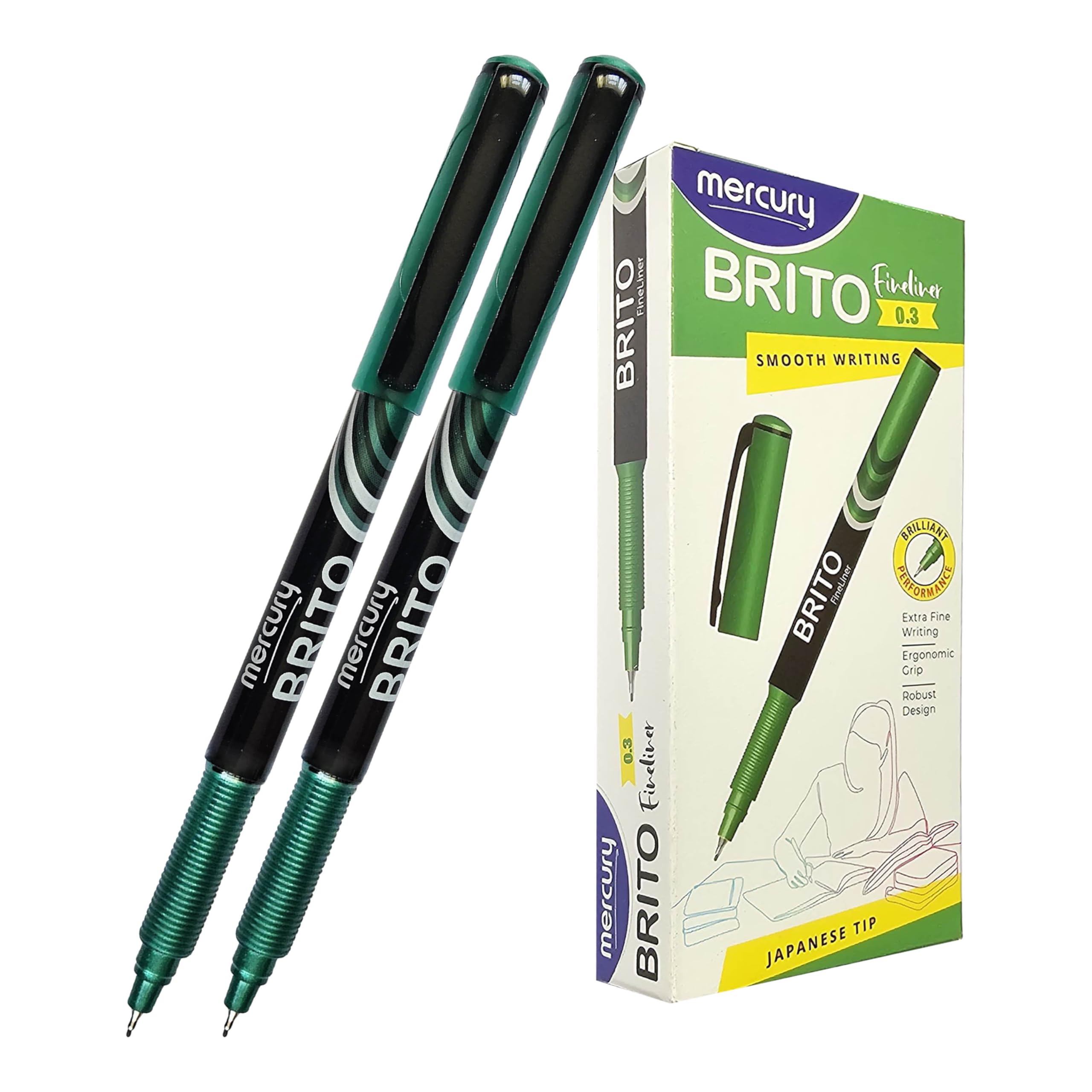 MERCURY DBrite Fineliner Pens, GREEN, Ultra Fine Point (0.3mm), Pack of 20, Everyday Use, Writing and School Supplies, Fine Line Width, School Office Home