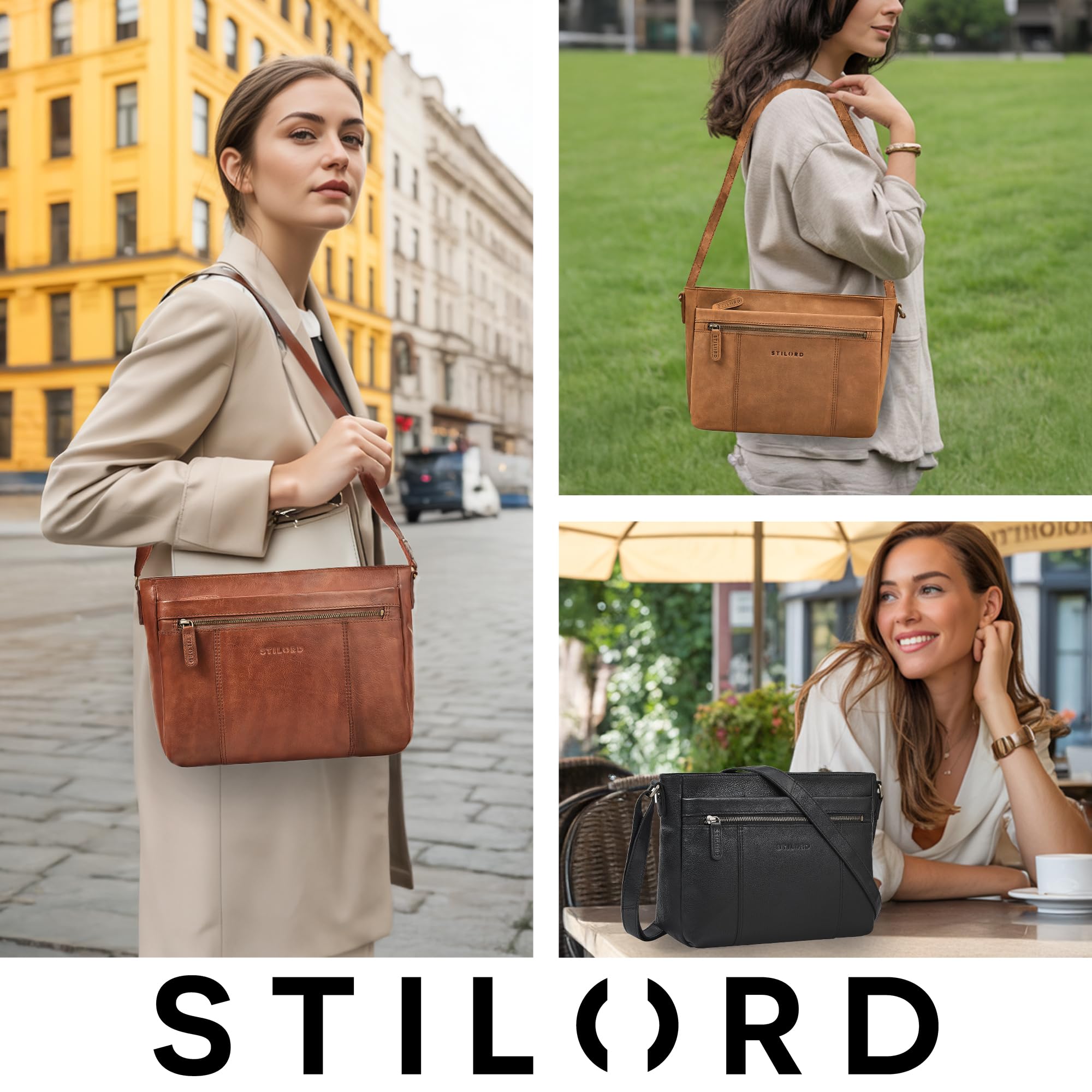 STILORD "Bianca Mittelgroße Ledertasche Damen Handtasche Schwarz Mittelgroß Echtleder Damentasche Vintage Umhängetasche Leder Schultertasche Crossbody Bag mit Reißverschluss