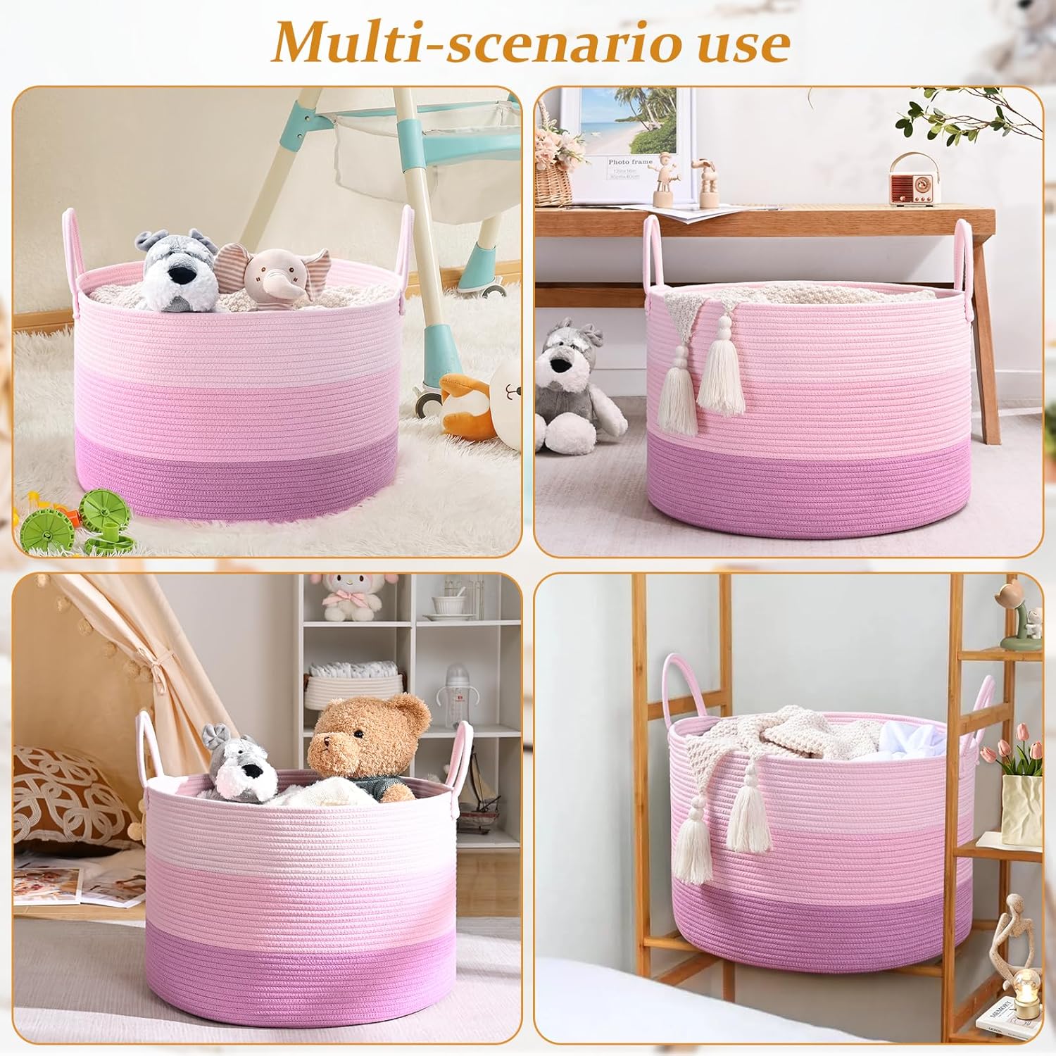 Blanket Basket Living Room, 67L Large Round Storage Basket, Cotton Rope Laundry Baskets & Toy Storage Organizer for Nursery, Bedroom, 20"×13", Pink - Image 8