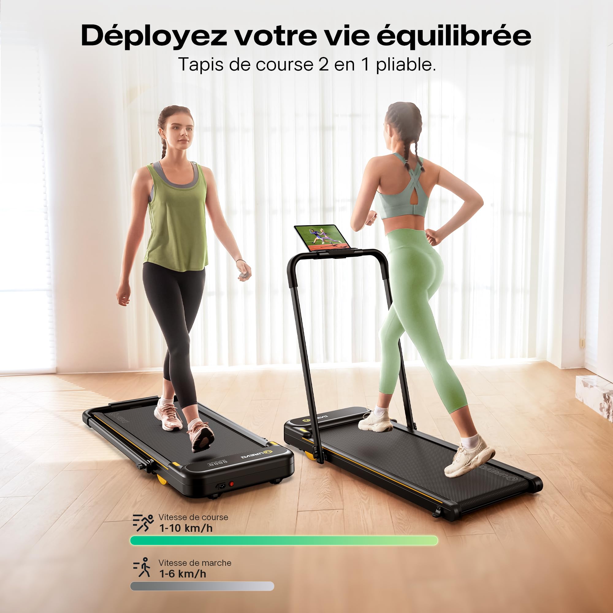 UREVO Tapis de Course Pliable 3 en 1 avec APP, Tapis de Marche électrique 1-10 km/h, Double Amortissement, Affichage LED, Télécommande, Walking Pad pour Bureau