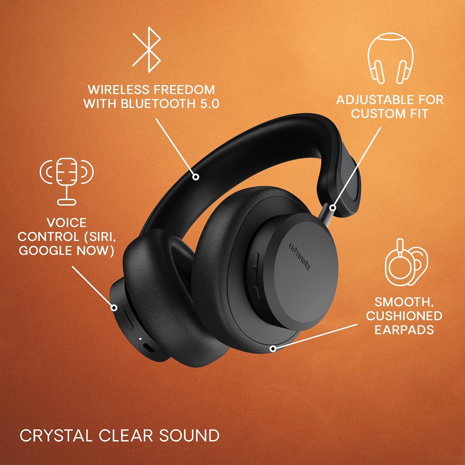 Urbanista Los Angeles headphones with callouts for Wireless Freedom (Bluetooth 5.0), Adjustable Fit, Voice Control (Siri, Google Now), and Smooth, Cushioned Earpads.
