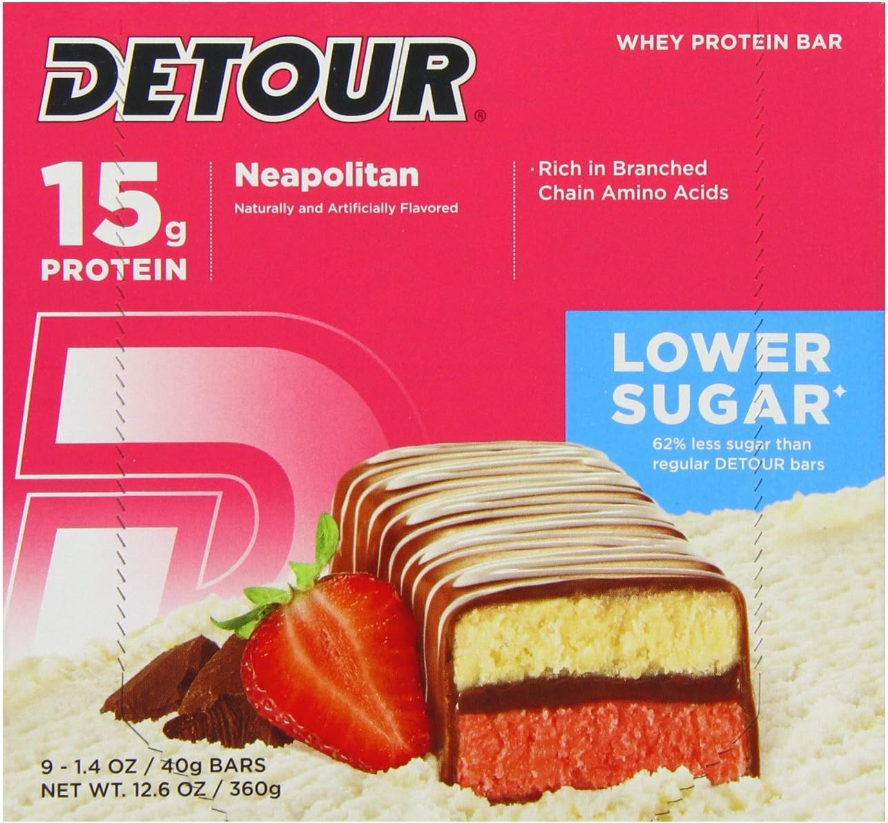Detour Low Sugar Whey Neapolitan Protein Bar, 9 Count (Pack of 12) Health & Household