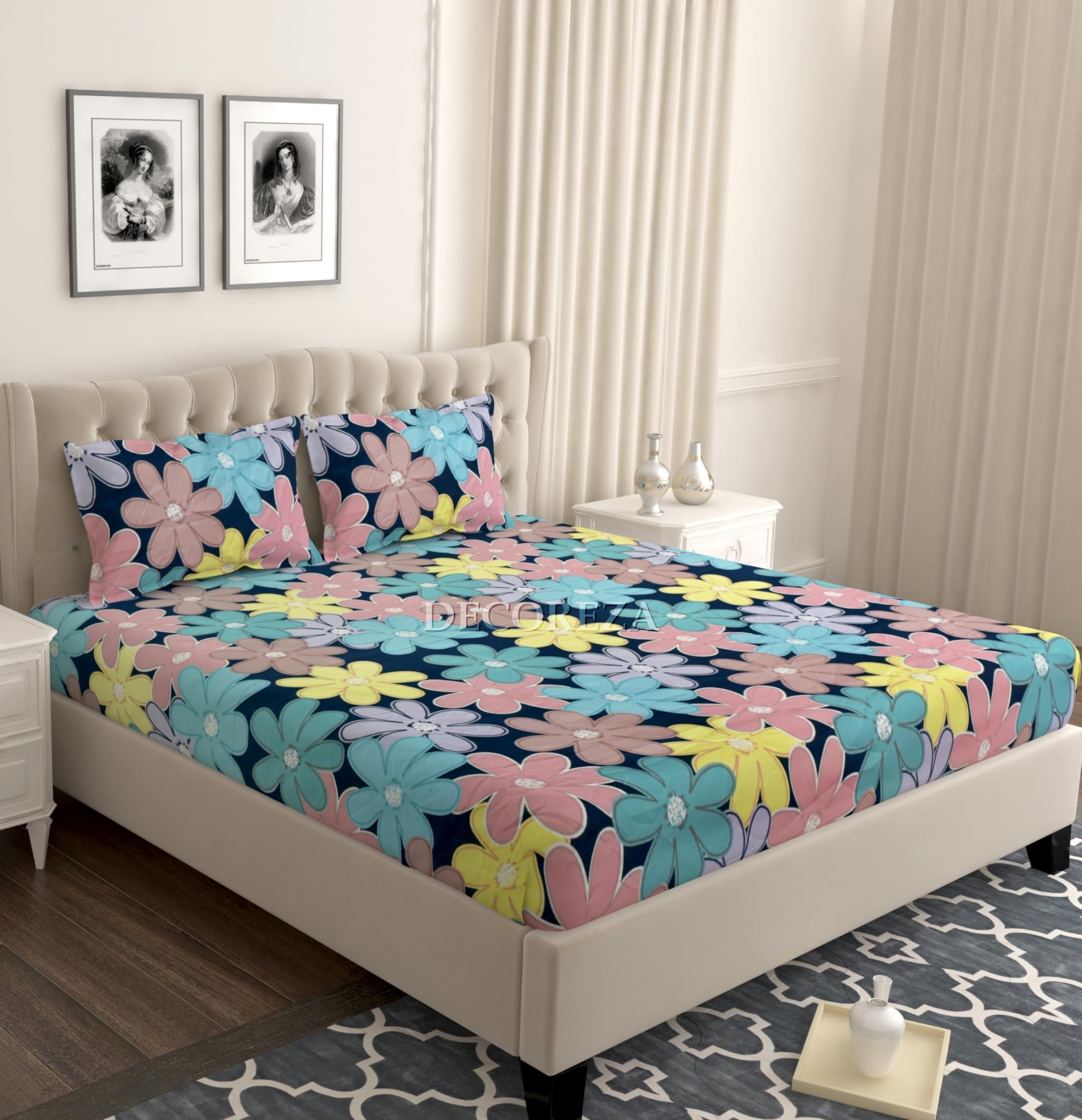 LABHAM King Size Bedsheet Set - 100% Cotton 152TC Sheet With 2 Pillow Covers (108x108 Inches)