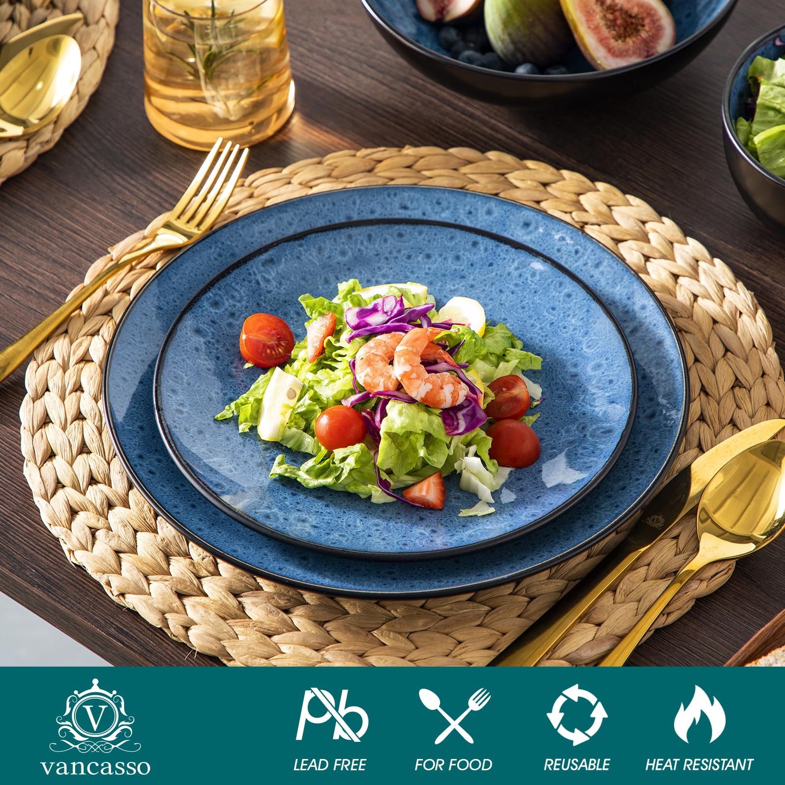 vancasso Service de Table pour 6 Personnes, Service Vaisselle 24 Pièces en Grès - 6 Assiettes Plates, 6 Assiettes à Dessert, 6 Assiettes Creuses et 6 Bols - Glaçure Bleu, Compatible Micro-Ondes