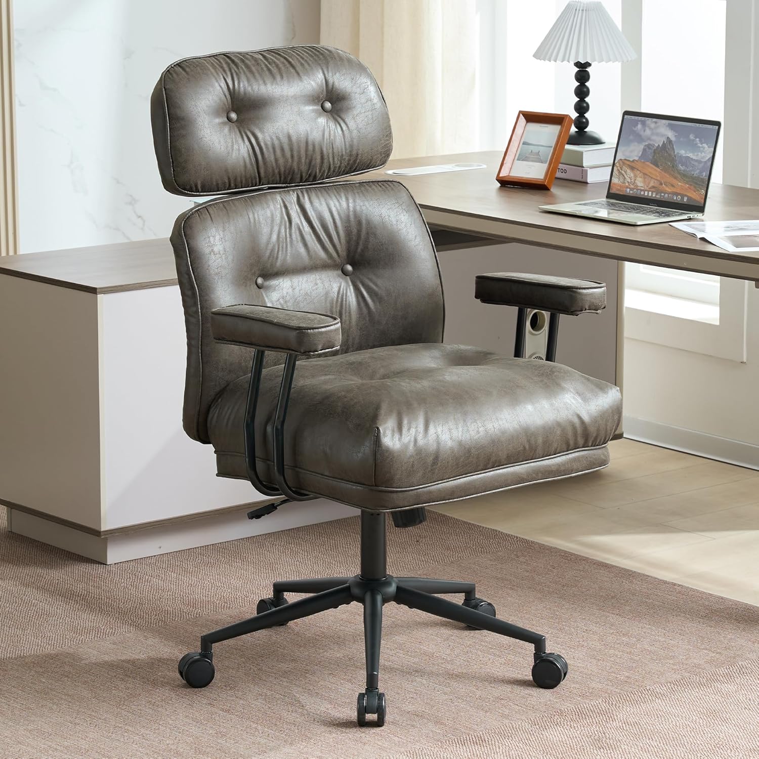 Big and Tall Executive Chair with Adjustable Headrest, Mid-Century Modern Faux Leather Home Office Chair with Thickened Cushion 500lbs Capacity, Black