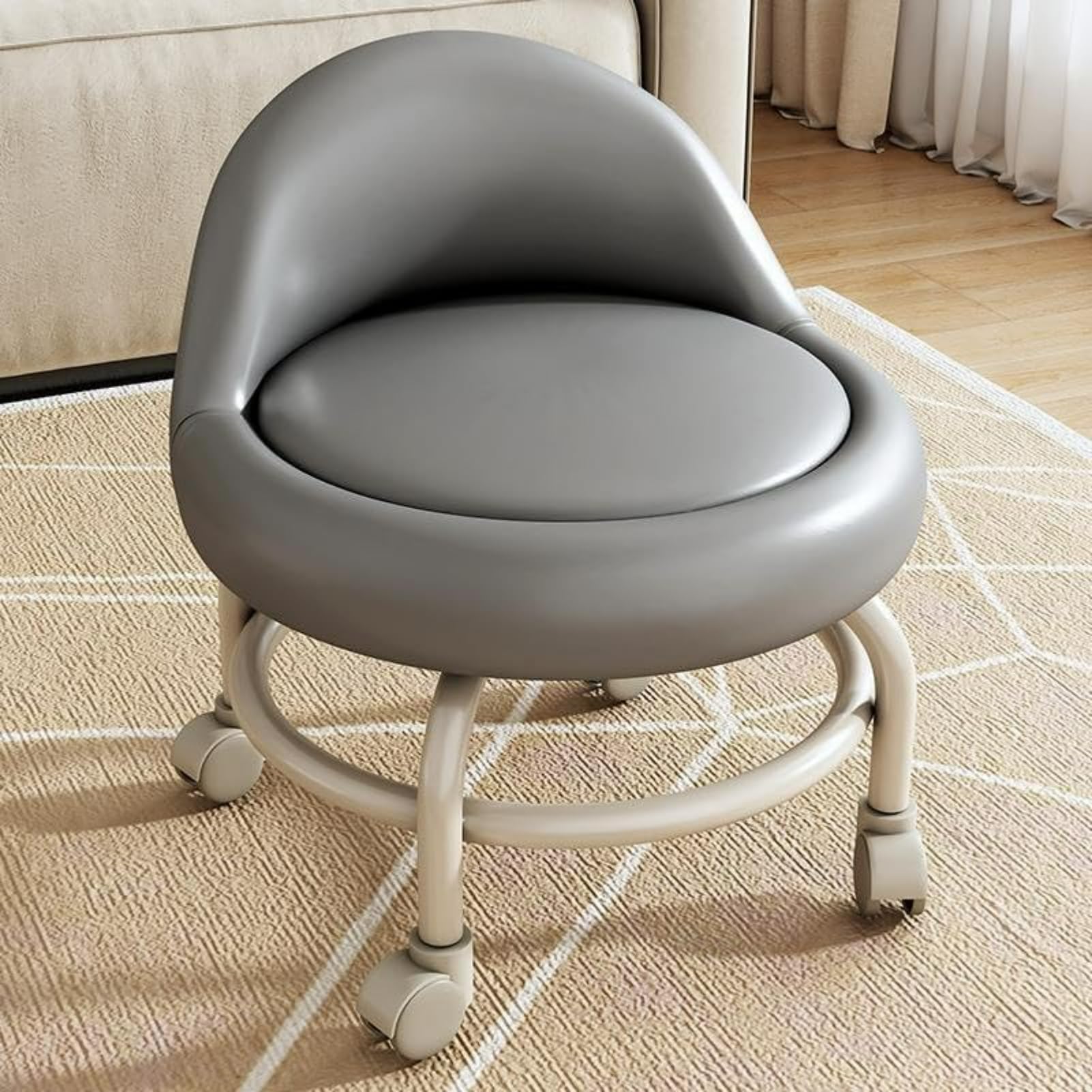 BULUNOLow Round Rolling Stool, Swivel Seat with Back Rest, Multifunctional Home Use, Contemporary Style, Faux Leather Seat, Alloy Steel Frame, 360° Swivel, 100kg Weight Capacity