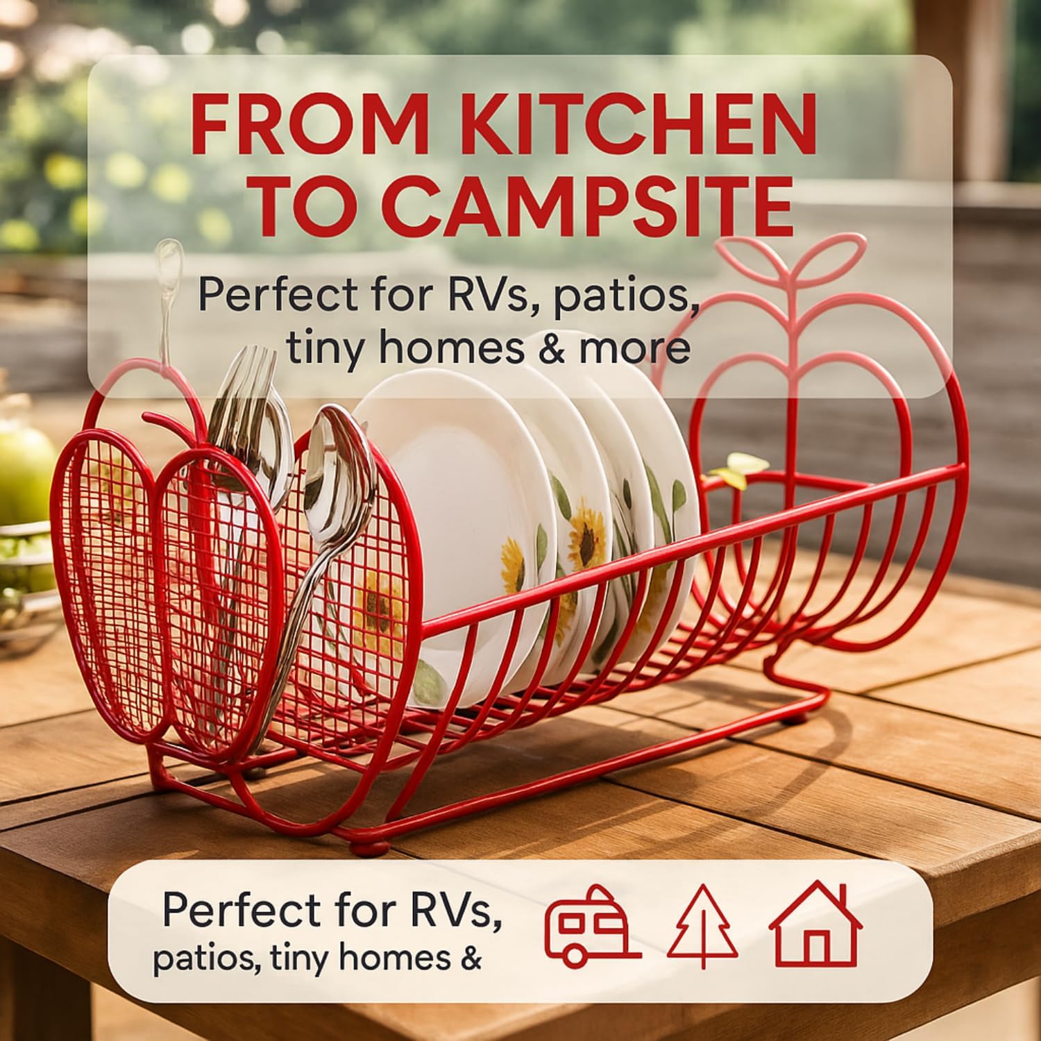 Jumbl Expandable Dish Drying Rack – Apple Decor Metal Dish Drainer with Utensil Holder, Adjustable 14"–27", Rust-Proof Countertop Dish Strainer for Kitchen Sink, RV, or Outdoor Use