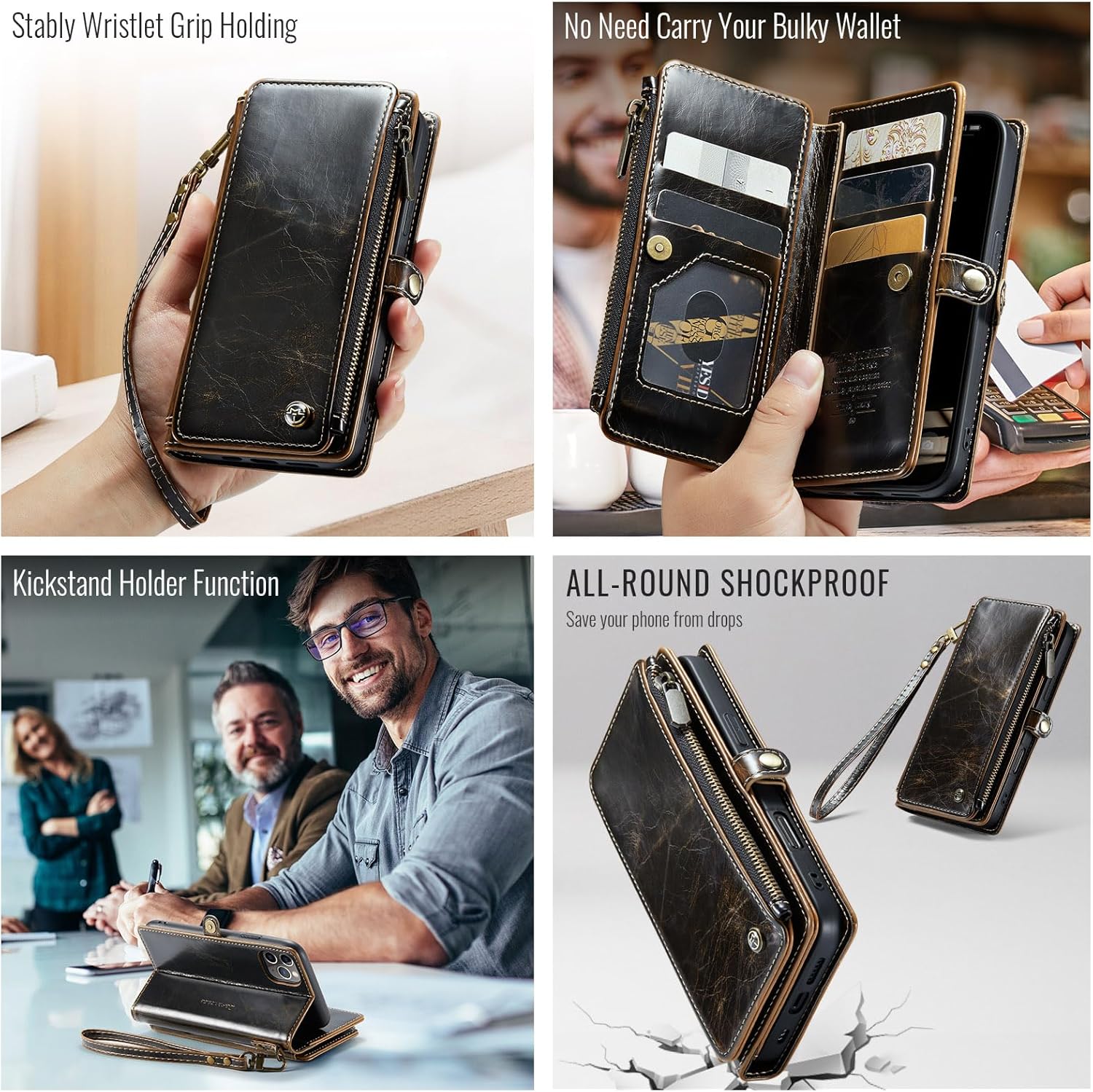 Defencase Compatible with iPhone 11 Pro Case Wallet with RFID Blocking Card Holder for Women Men, Soft PU Leather Magnetic Snap Flip Zipper Strap Wallet Phone Case Fit for iPhone 11 Pro 5.8", Coffee