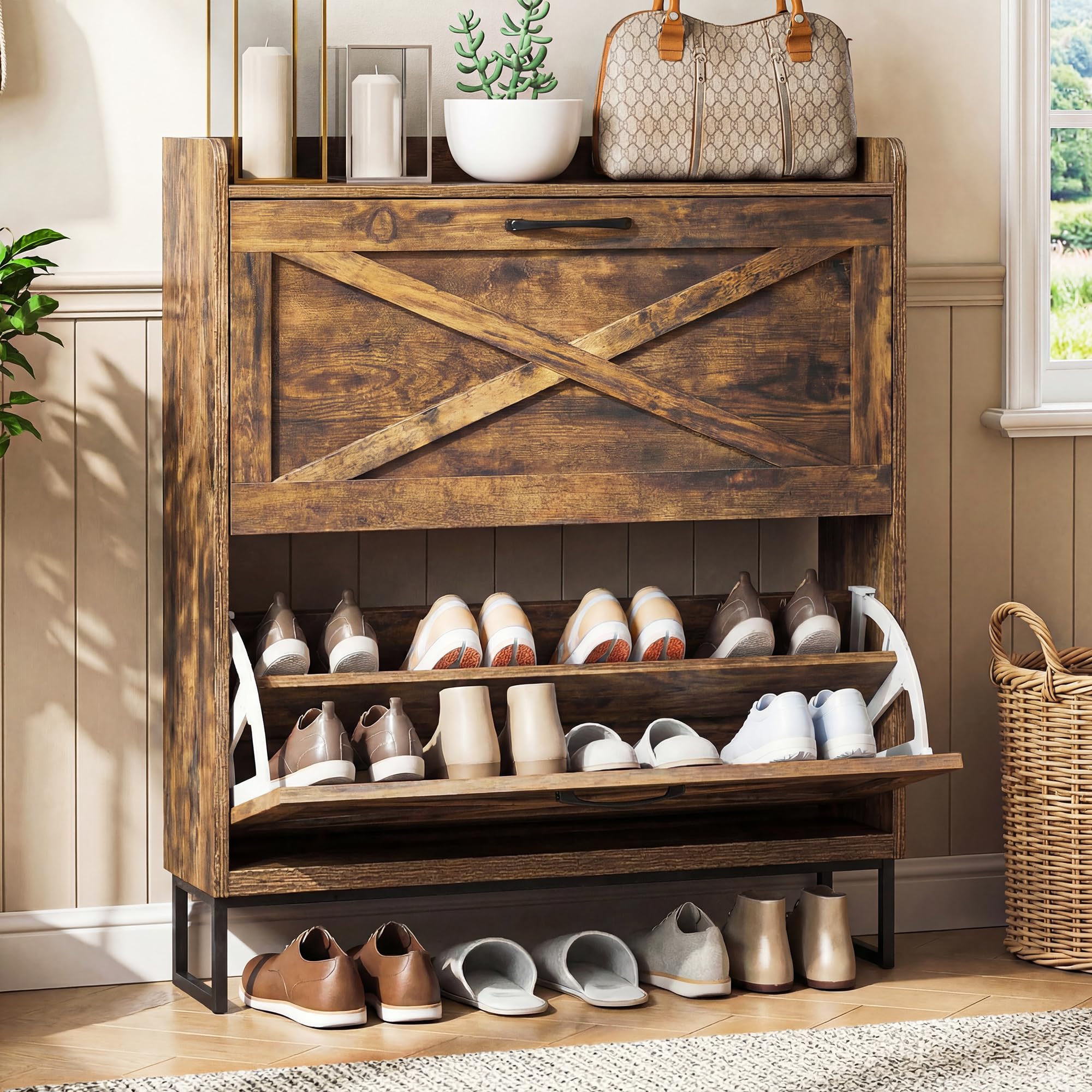 BonVache Rustic Shoe Cabinet 80cm Width For Hallway, Brown Cabinet Shoes with 2 Drawer Can Storage 16-20 Pairs of Shoes, Wooden Shoe Rack Cabinet Fold for Entryway Living Room