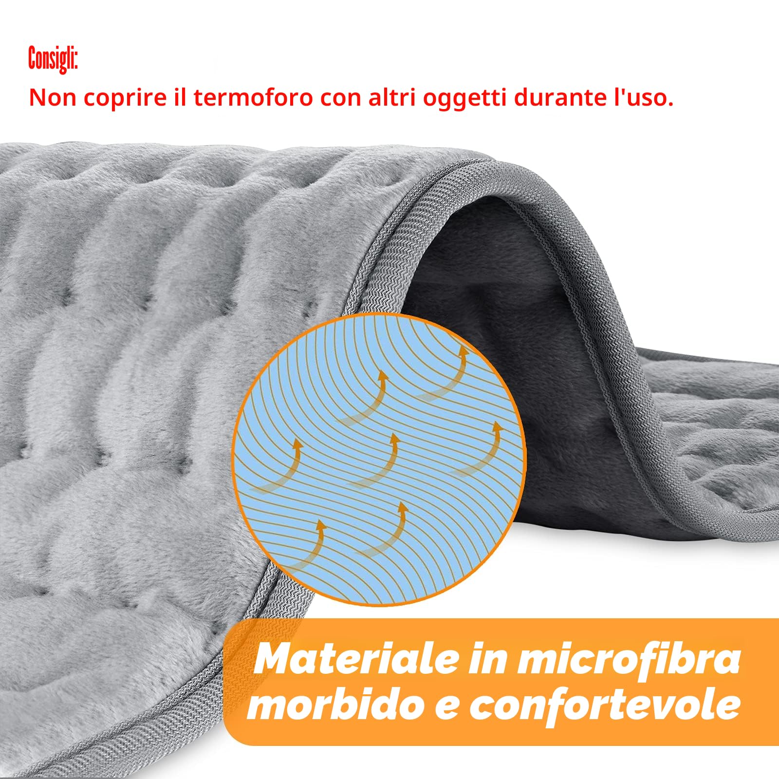 Termoforo Elettrico, Pad Elettrico con Spegnimento Automatico e 6 Livelli di Temperatura, Pad Riscaldante per Schiena, Spalla, Pancia Tecnologia di Riscaldamento (Grigio Argento, 30x60 cm)
