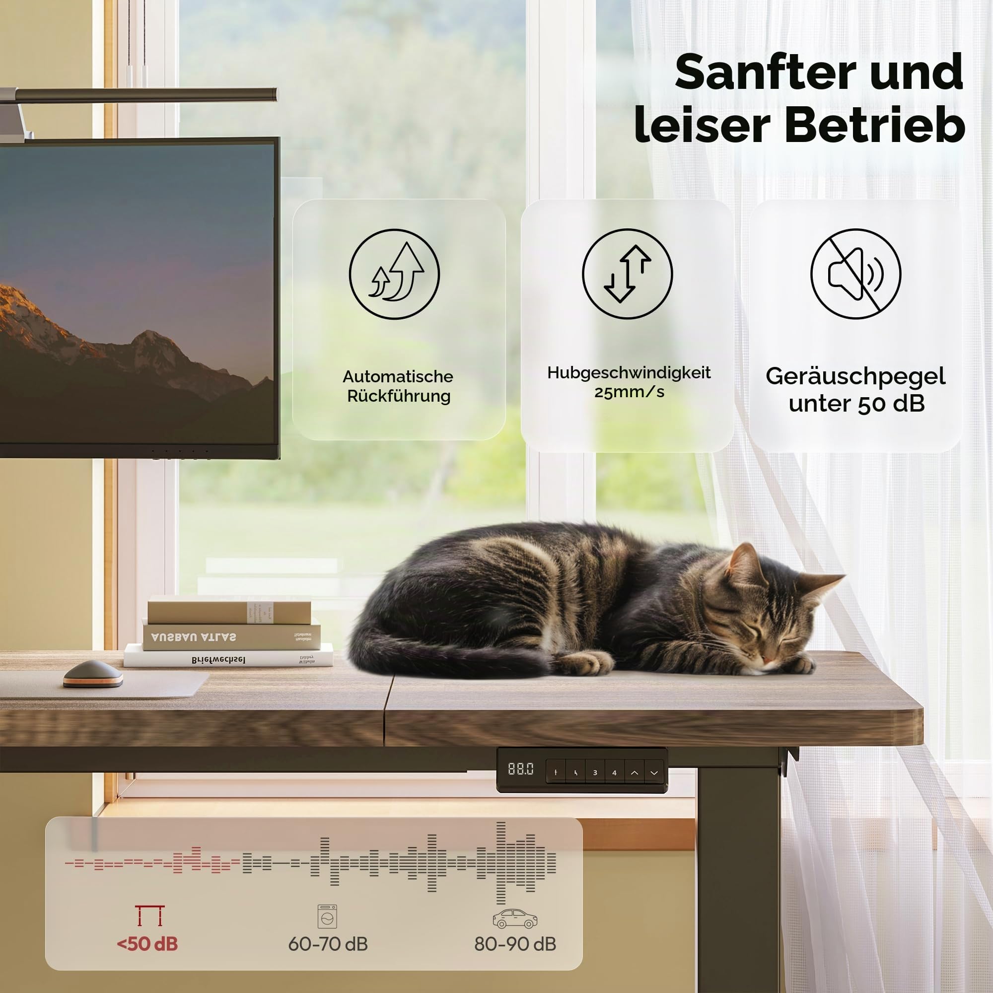 SANODESK Höhenverstellbarer Schreibtisch mit Dual-Motor 180 x 80 cm | Große Arbeitsfläche, 72–121 cm höhenverstellbar, 90 kg belastbar, 4 Speicherpositionen, leiser Antrieb (Braun+Schwarz)