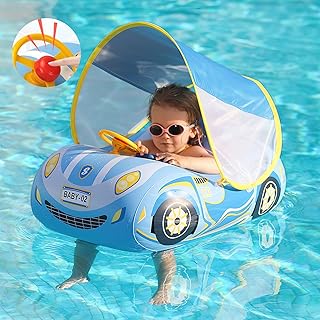 Baby Swimming Float, Baby Pool Float with Canopy UPF50+ Sun Protection, Baby Swim Float, Cool Car Toddler Swimming Float with Safety Seat for kids 1-4 Years, Baby Holiday Essentials, No Flip Over,Blue