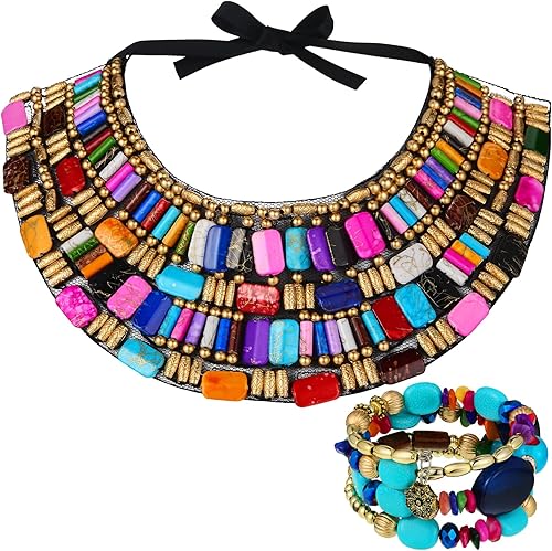 Bonuci 2 piezas de joyería africana para mujer, gargantilla gruesa africana, multicolor, cuentas bohemias, conjuntos de joyas de arco iris grueso