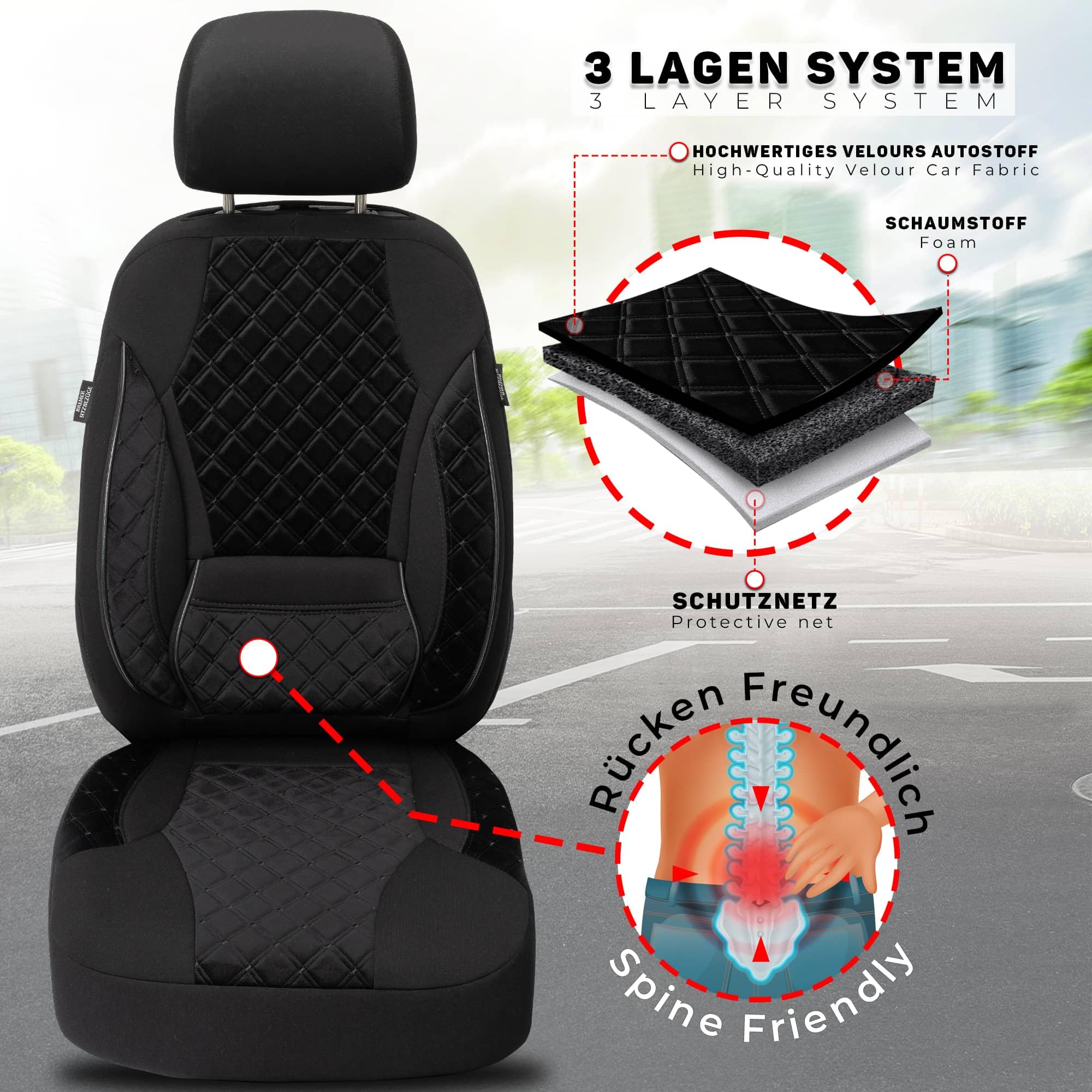 Autositzbezüge Universal für PKW, SUV – Premium Vordersitzbezüge Schwarz, hochwertig verarbeitet für mehr Sitzkomfort, Airbag-kompatibel, Schonbezüge für Fahrer & Beifahrersitz mit Rückentasche