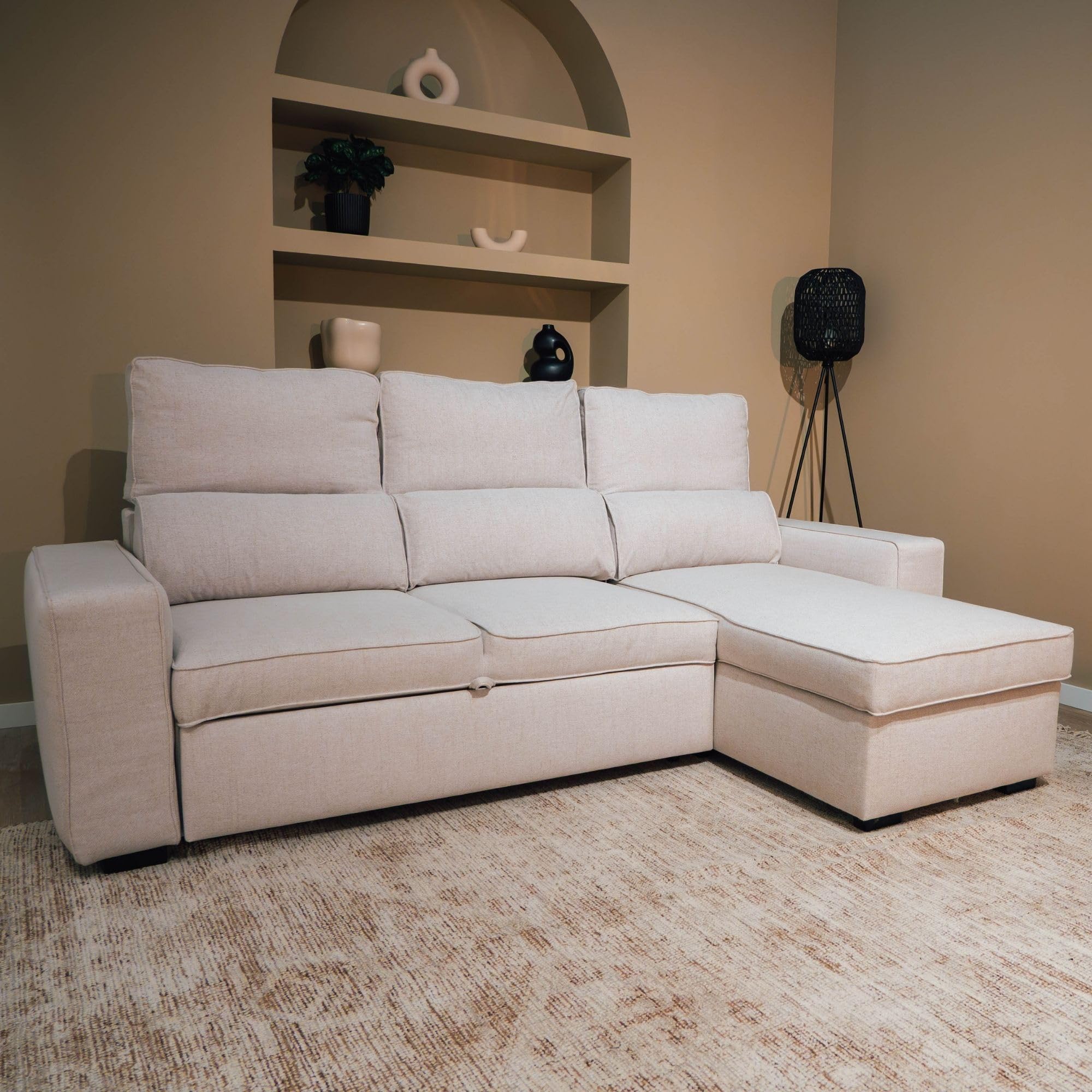 BUDWING Harper Sofá Cama 3 Plazas - Chaise Longue Reversible – Almacenamiento Integrado, Asiento Deslizante – Tapizado en 100% Poliéster – 248,5x156x103 cm – Beige Marfil